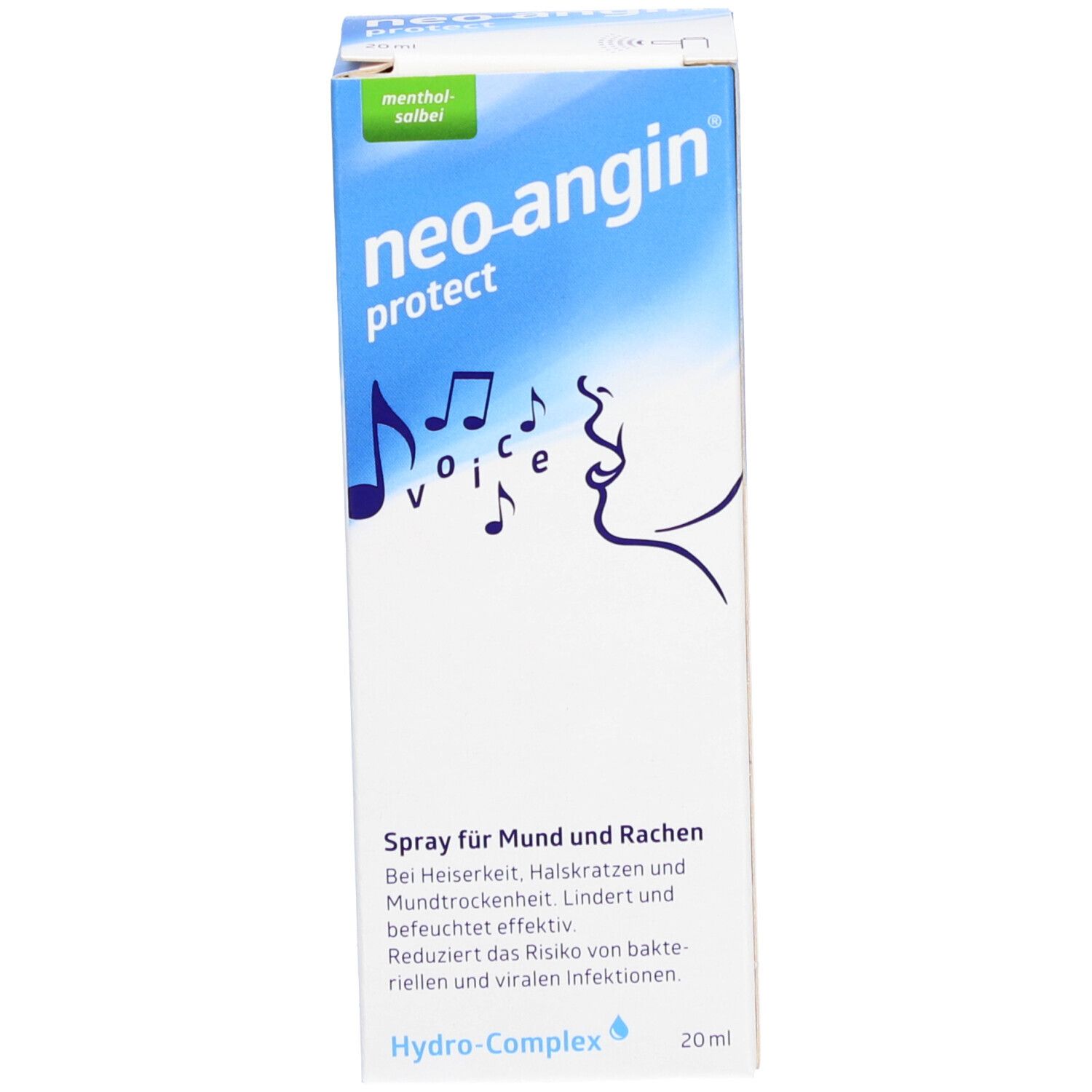 Emballage du produit. Inscription : neo-angin protect. Boîte avec informations et illustration.