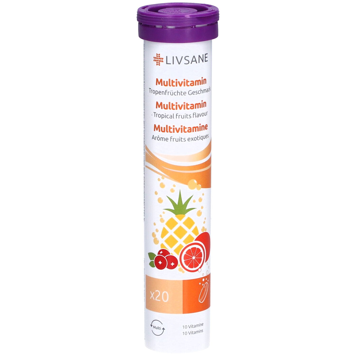 Comprimés effervescents LIVSANE Multivitamin. Saveur fruits tropicaux. Emballage cylindrique avec couvercle violet. Illustrations de fruits.