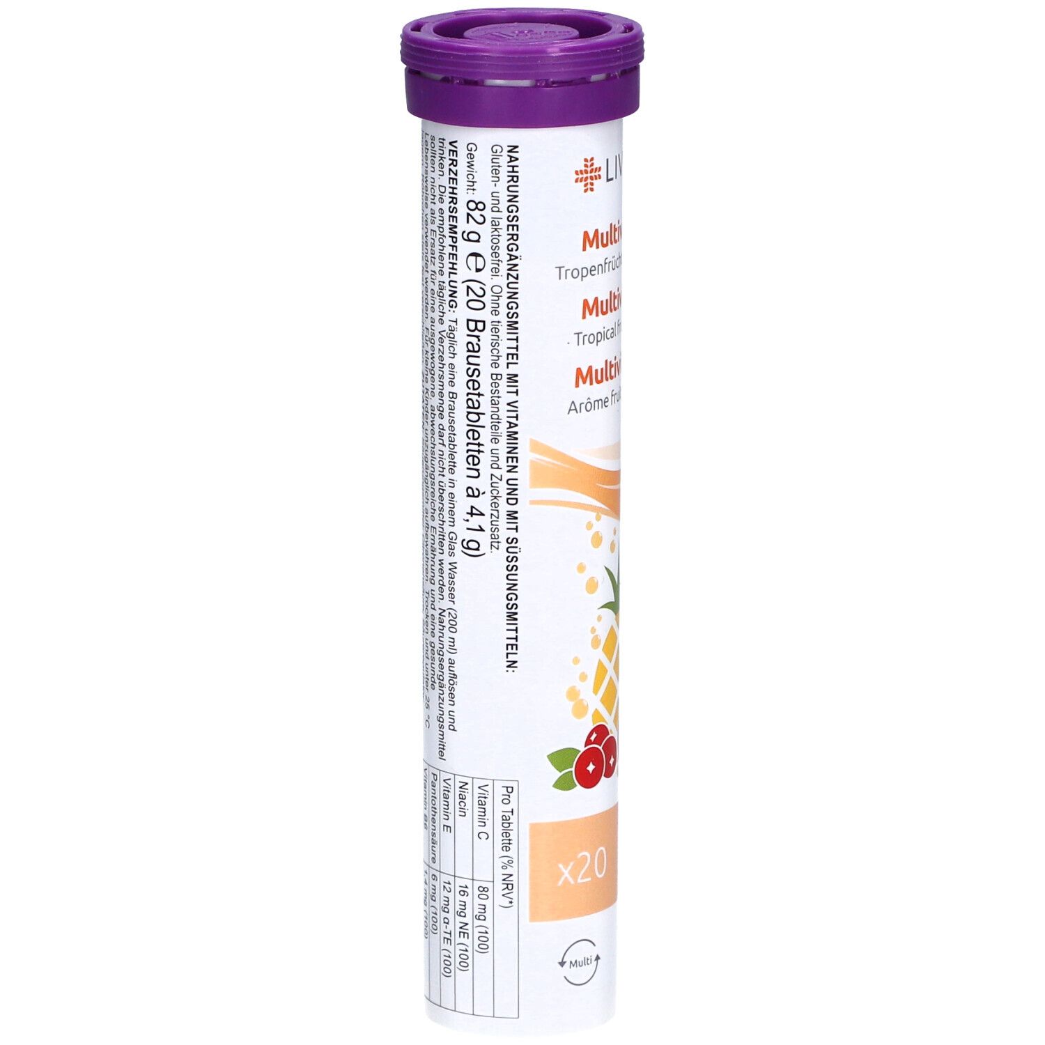 Comprimés effervescents LIVSANE Multivitamin. Dos de l'emballage avec ingrédients et informations nutritionnelles. Texte en allemand.