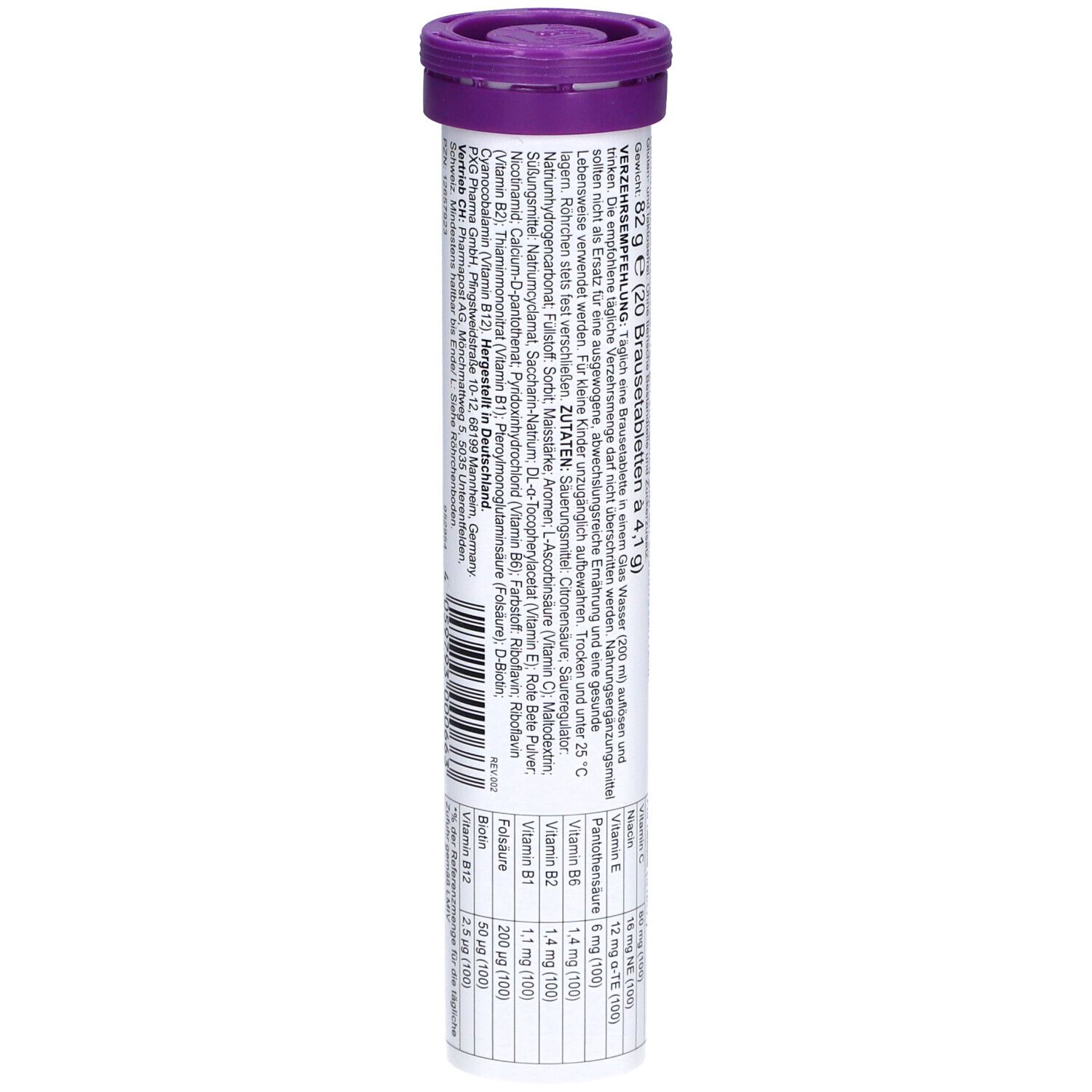 Comprimés effervescents LIVSANE Multivitamin. Dos de l'emballage avec mode d'emploi et autres informations. Texte en allemand.