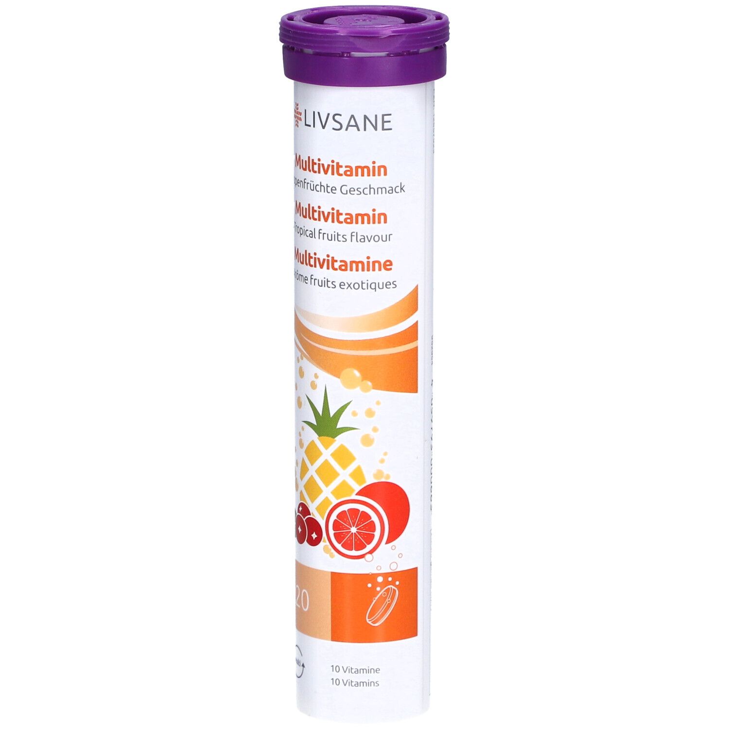 Comprimés effervescents LIVSANE Multivitamin. Saveur fruits tropicaux. Emballage cylindrique avec couvercle violet. Illustrations de fruits.