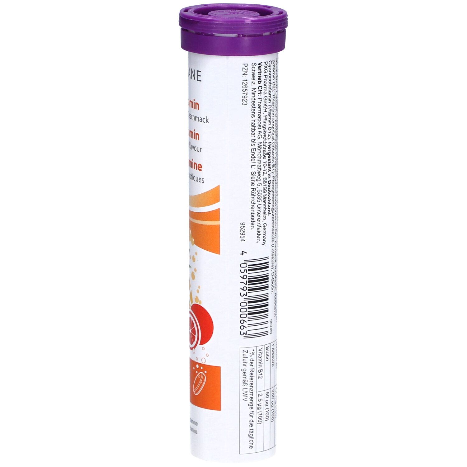 Comprimés effervescents LIVSANE Multivitamin. Emballage cylindrique. Couvercle violet. Texte et illustrations de fruits. Numéro PZN.