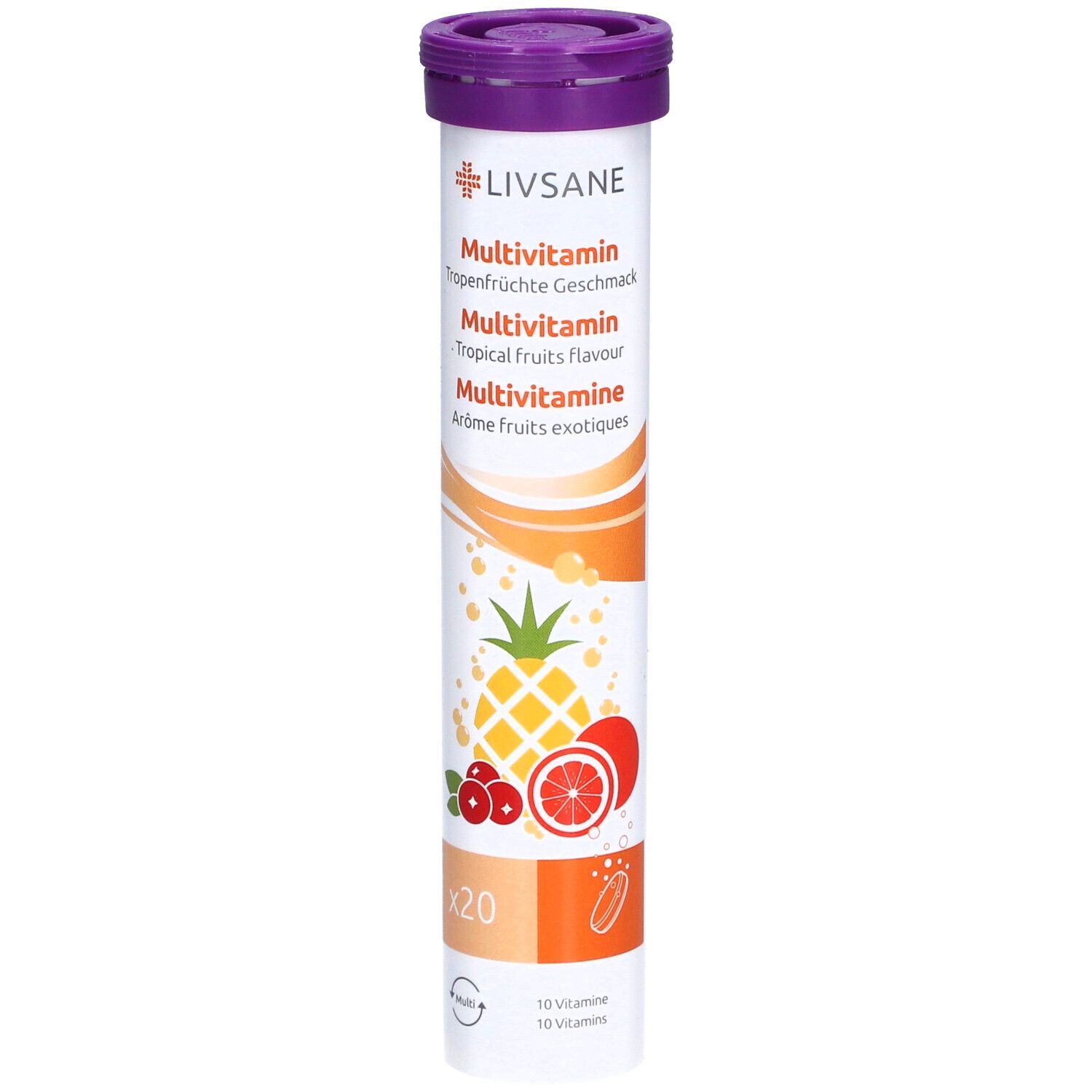 Comprimés effervescents LIVSANE Multivitamin. Saveur fruits tropicaux. Emballage cylindrique avec couvercle violet. Illustrations de fruits.