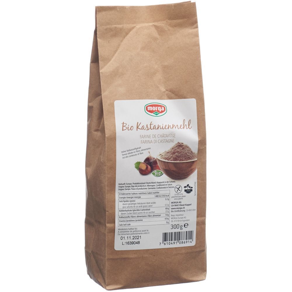 Sac en papier brun avec étiquette. Inscription : Morga Bio Farine de châtaigne. Illustration : châtaignes et farine. Sans gluten.