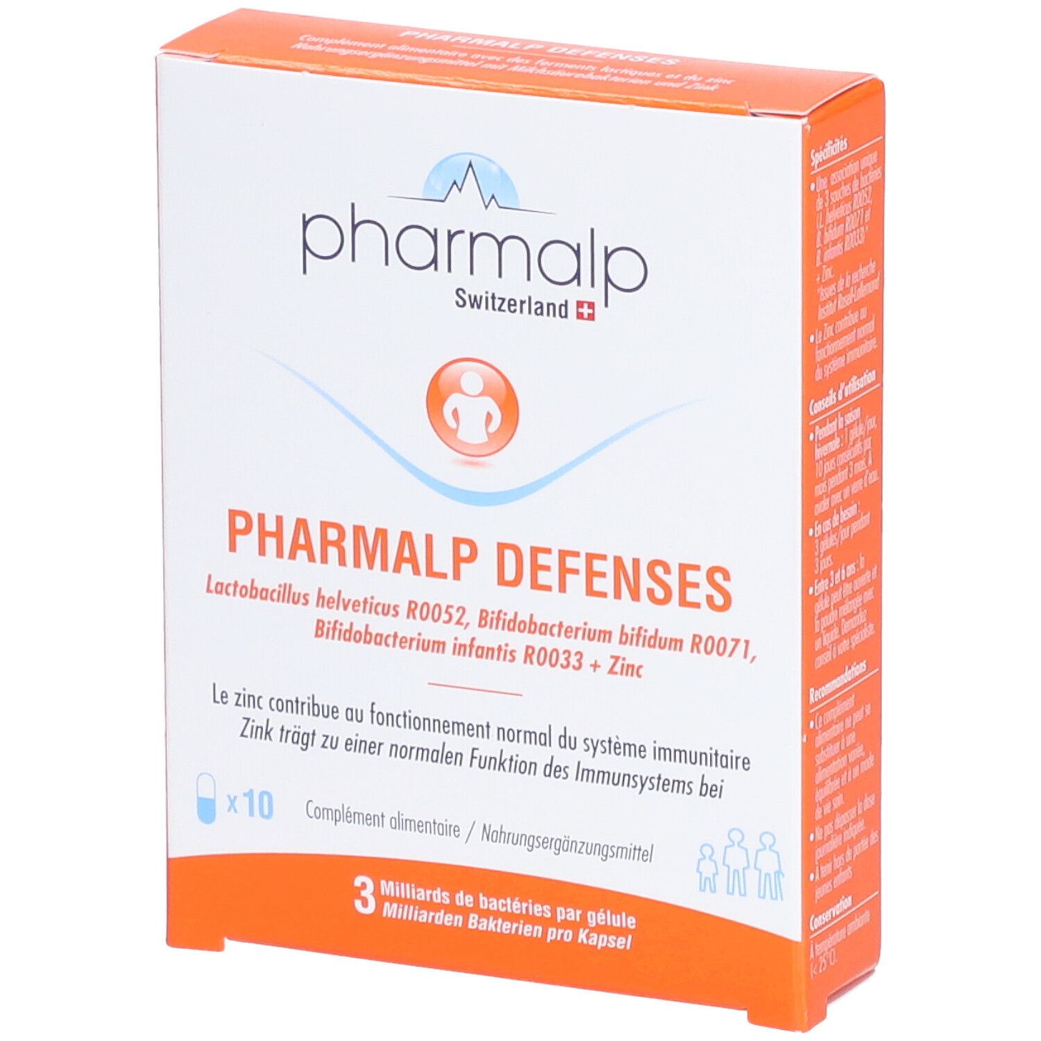 Boîte PHARMALP DEFENSES, orange et blanche. Contient 10 gélules. Ingrédients : Lactobac. helveticus, Bifidobact. bifidum, Bifidobact. infantis + Zinc.