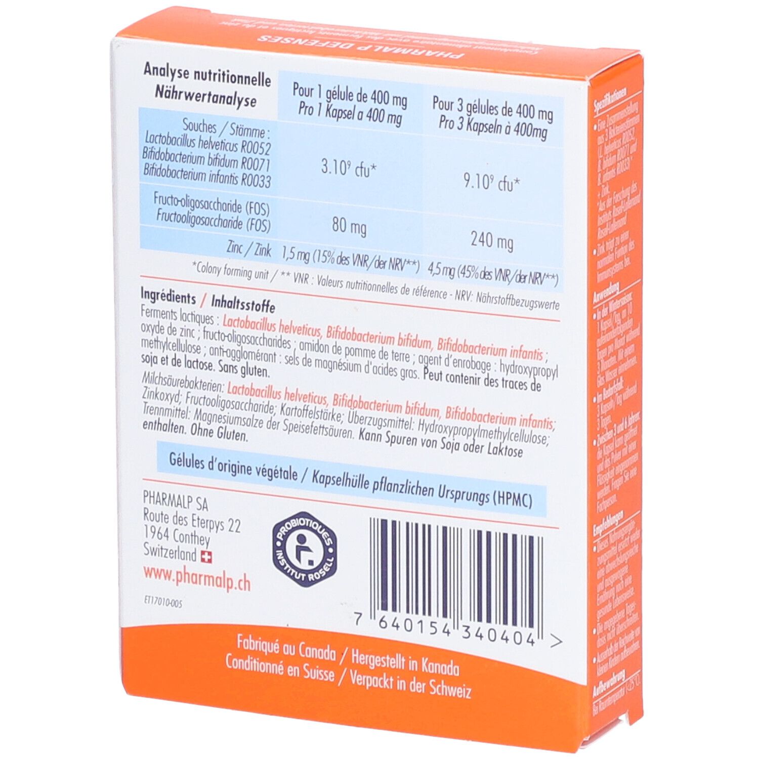 Dos de la boîte PHARMALP DEFENSES. Informations nutritionnelles et ingrédients. Contient Lactobac. helveticus, Bifidobact. bifidum, Bifidobact. infantis.