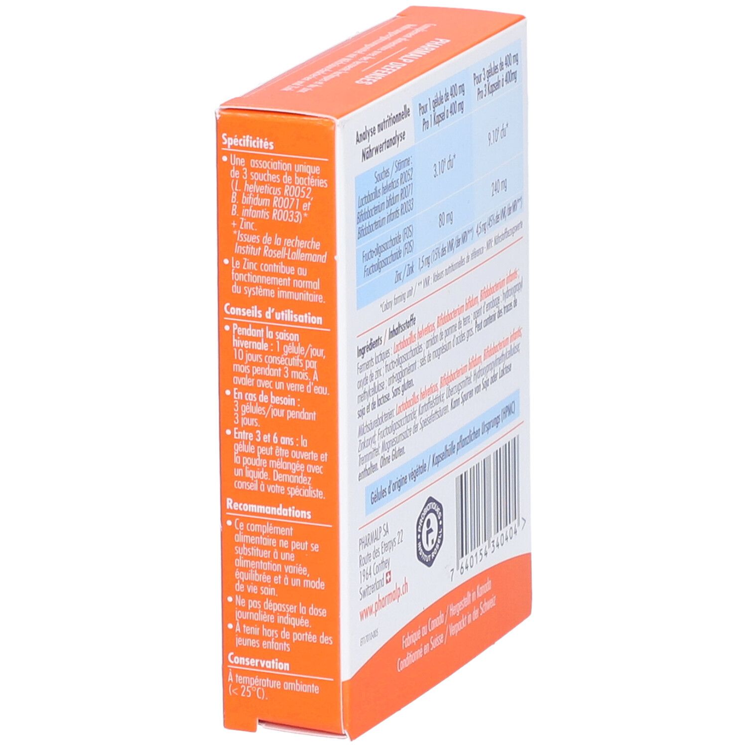 Boîte PHARMALP DEFENSES, vue latérale. Informations nutritionnelles et ingrédients. Contient Lactobac. helveticus, Bifidobact. bifidum, Bifidobact. infantis.