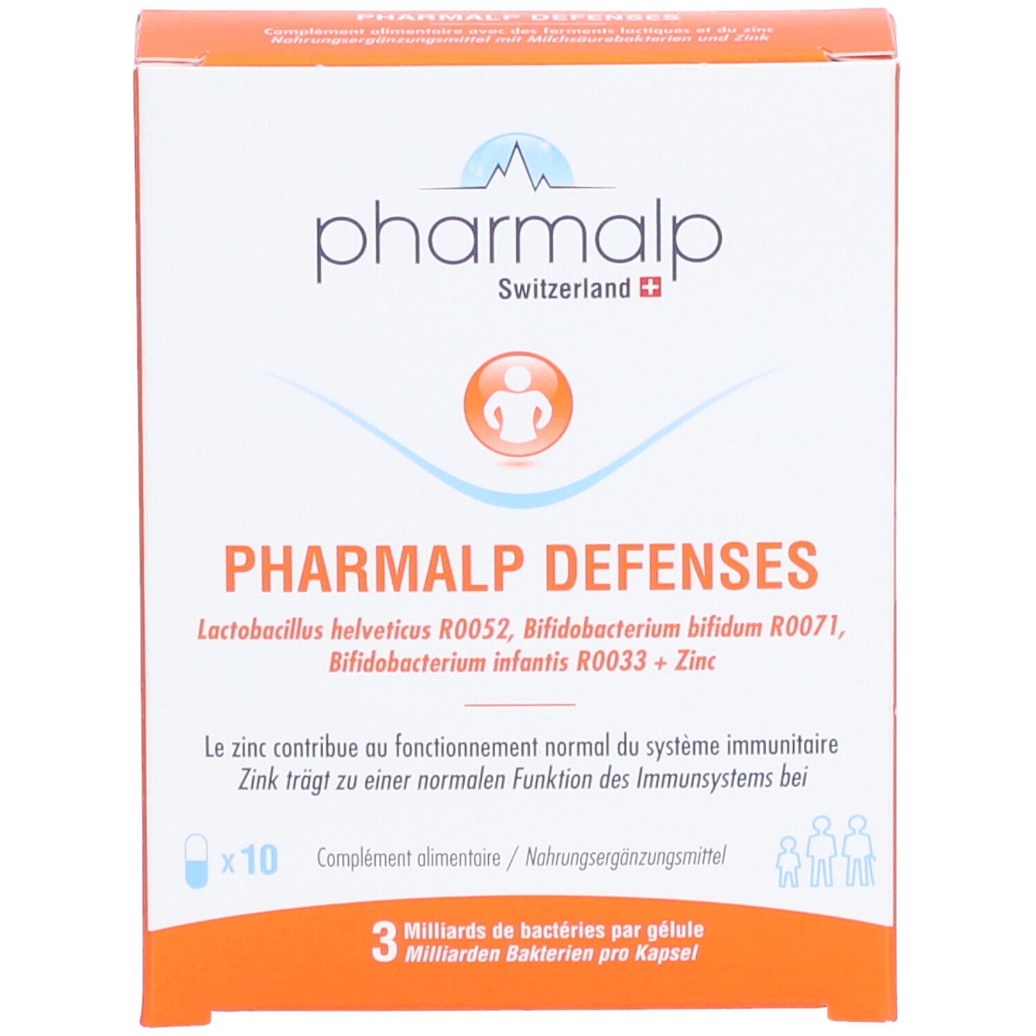 Boîte PHARMALP DEFENSES, orange et blanche. Contient 10 gélules. Ingrédients : Lactobac. helveticus, Bifidobact. bifidum, Bifidobact. infantis + Zinc.