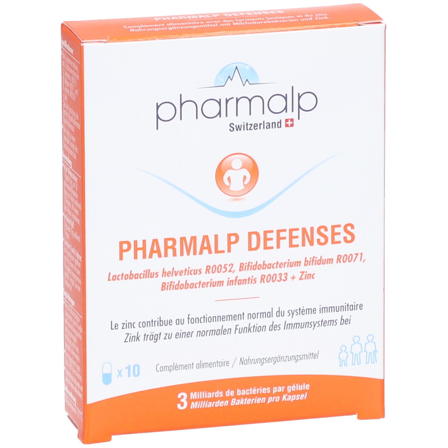 Boîte PHARMALP DEFENSES, orange et blanche. Contient 10 gélules. Ingrédients : Lactobac. helveticus, Bifidobact. bifidum, Bifidobact. infantis + Zinc.