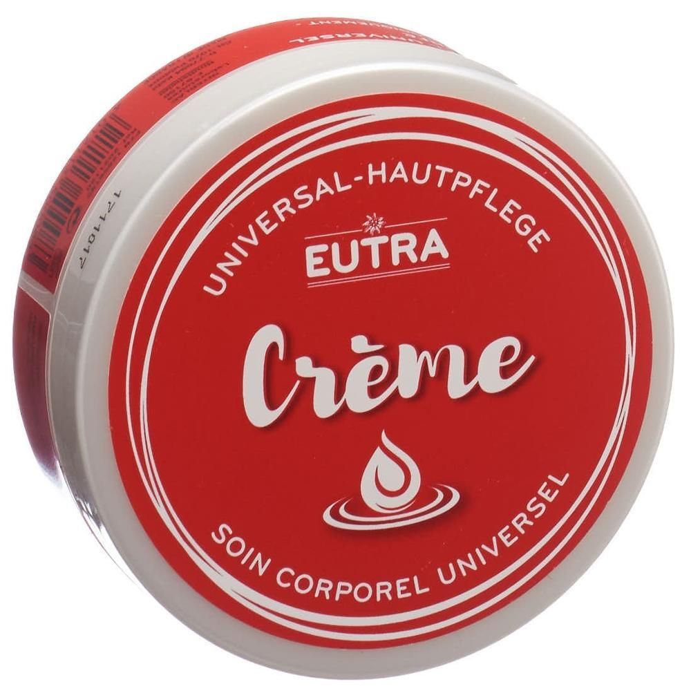 Pot rond, couvercle rouge. Inscription: Eutra Crème Universelle. Texte blanc sur fond rouge. Soin corporel universel.