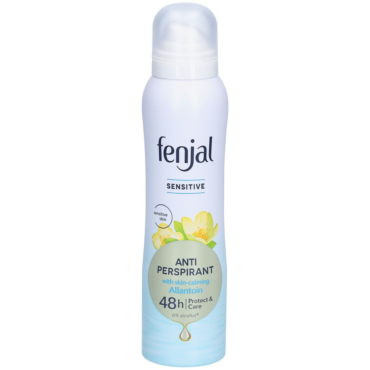 Déodorant anti-transpirant FENJAL. Flacon blanc avec étiquette bleue. Inscription 'Sensitive'. Texte 'Anti-Perspirant' et '48h'.