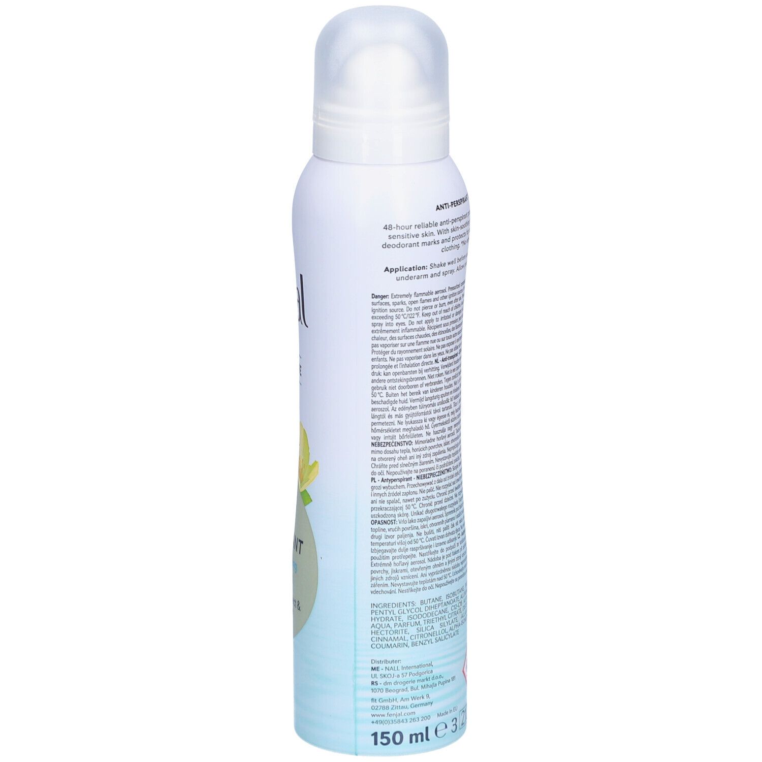 Déodorant anti-transpirant FENJAL, vue latérale. Flacon blanc. Texte sur étiquette bleue. Volume : 150 ml.