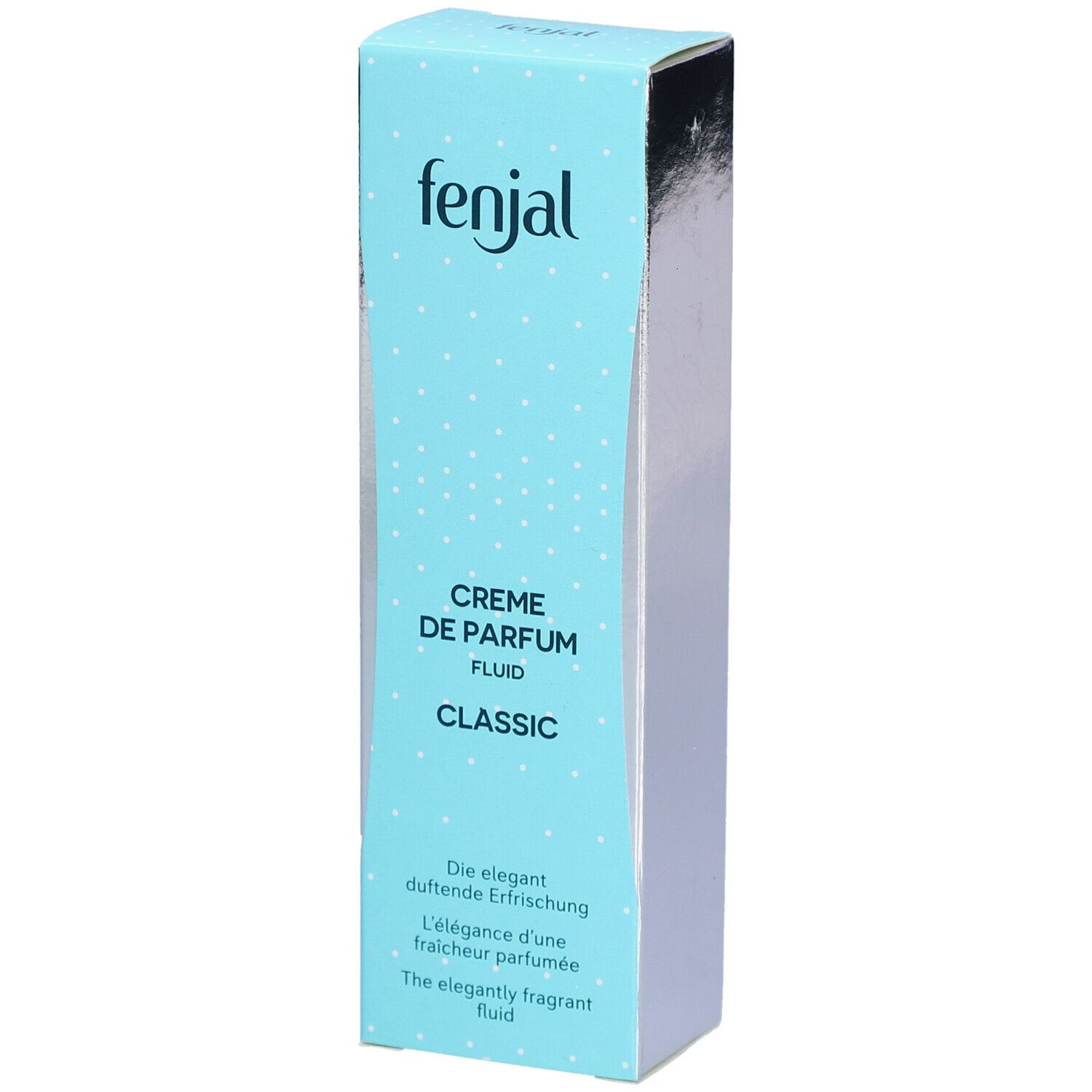 Boîte turquoise et blanche. En haut: fenjal. En dessous: Creme de Parfum Fluid Classic. Texte: L'élégance d'une fraîcheur parfumée.