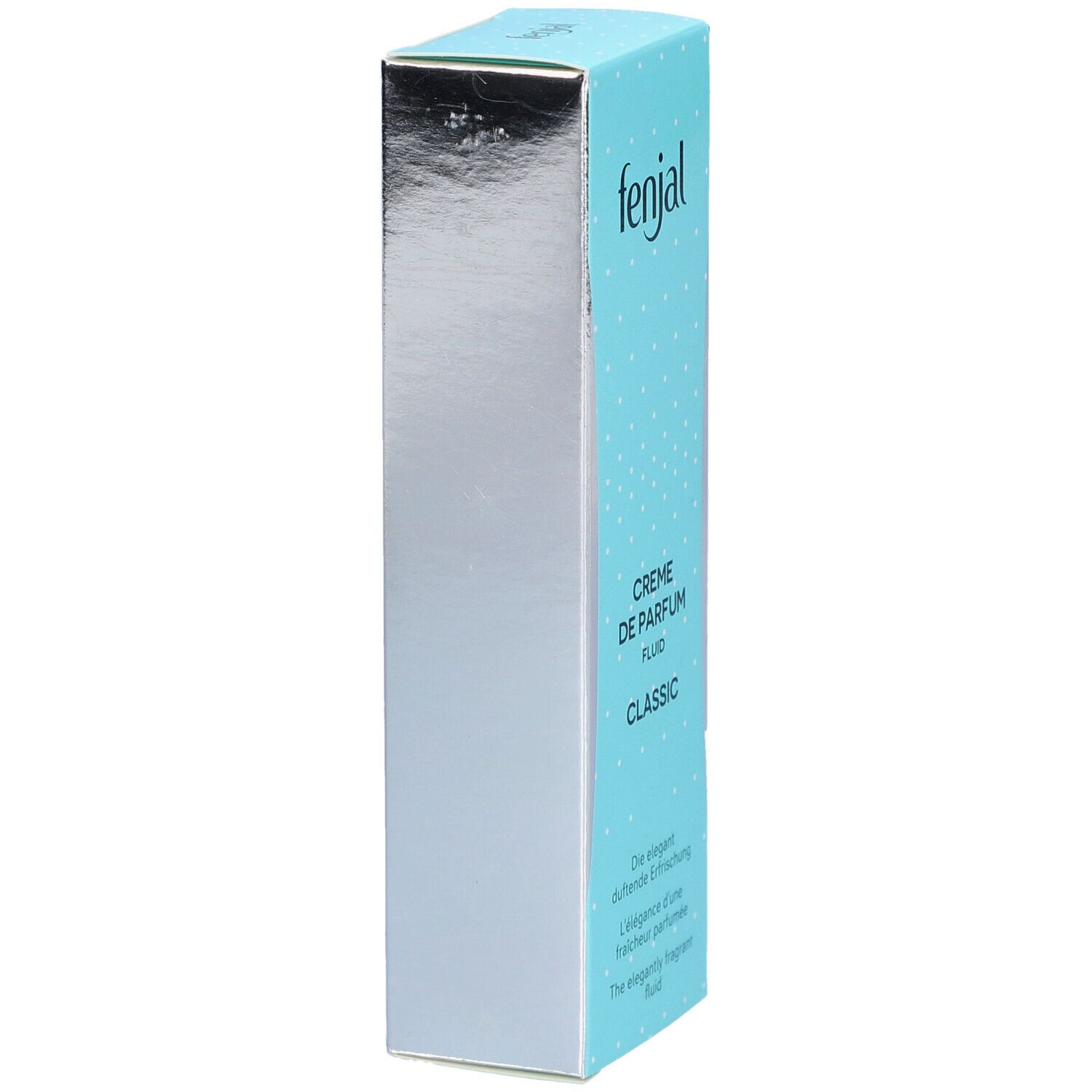 Boîte turquoise et blanche. En haut: fenjal. En dessous: Creme de Parfum Fluid Classic. Texte: L'élégance d'une fraîcheur parfumée.