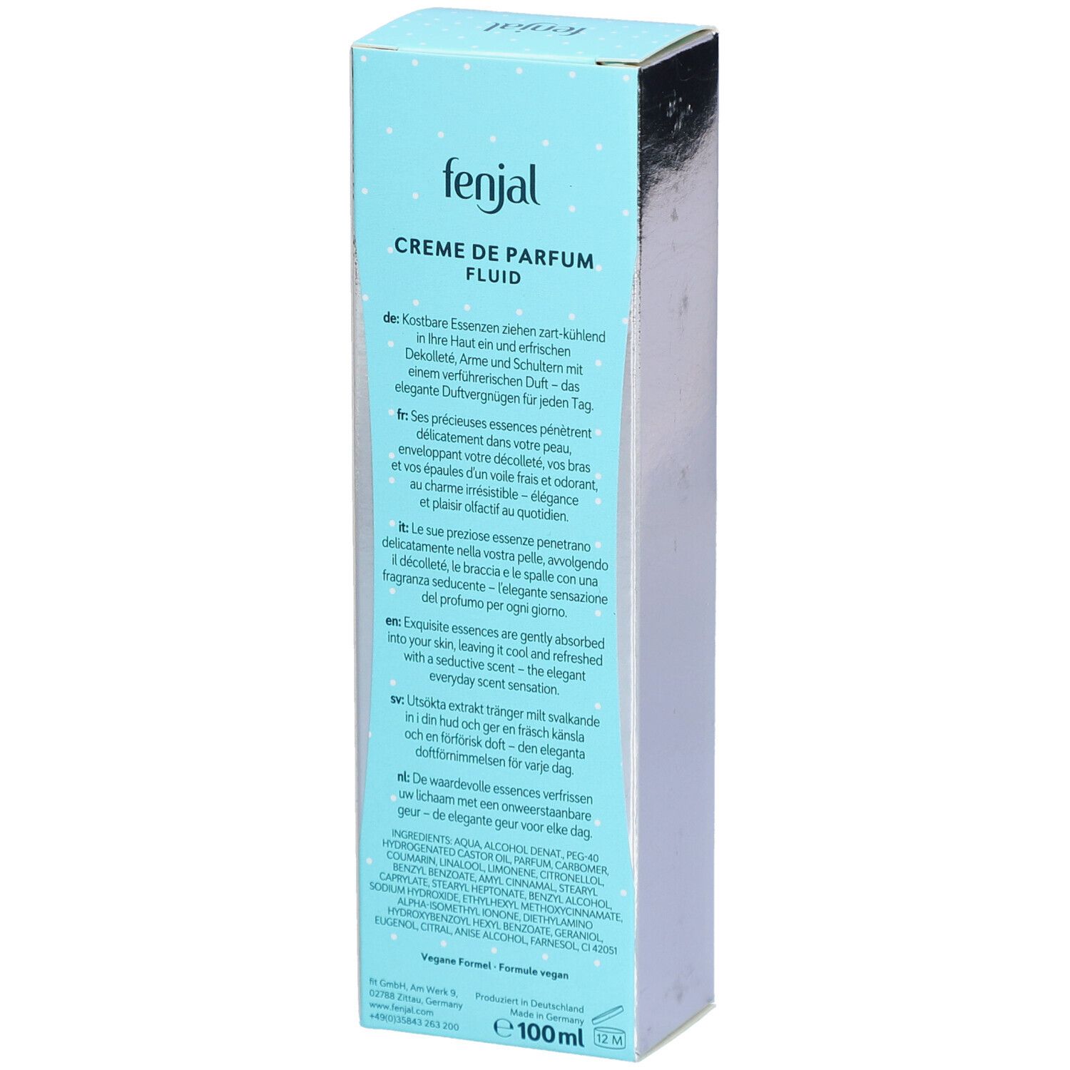 Boîte turquoise et blanche. Texte: Creme de Parfum Fluid Classic. Texte en allemand, anglais, français. En bas: 100ml.