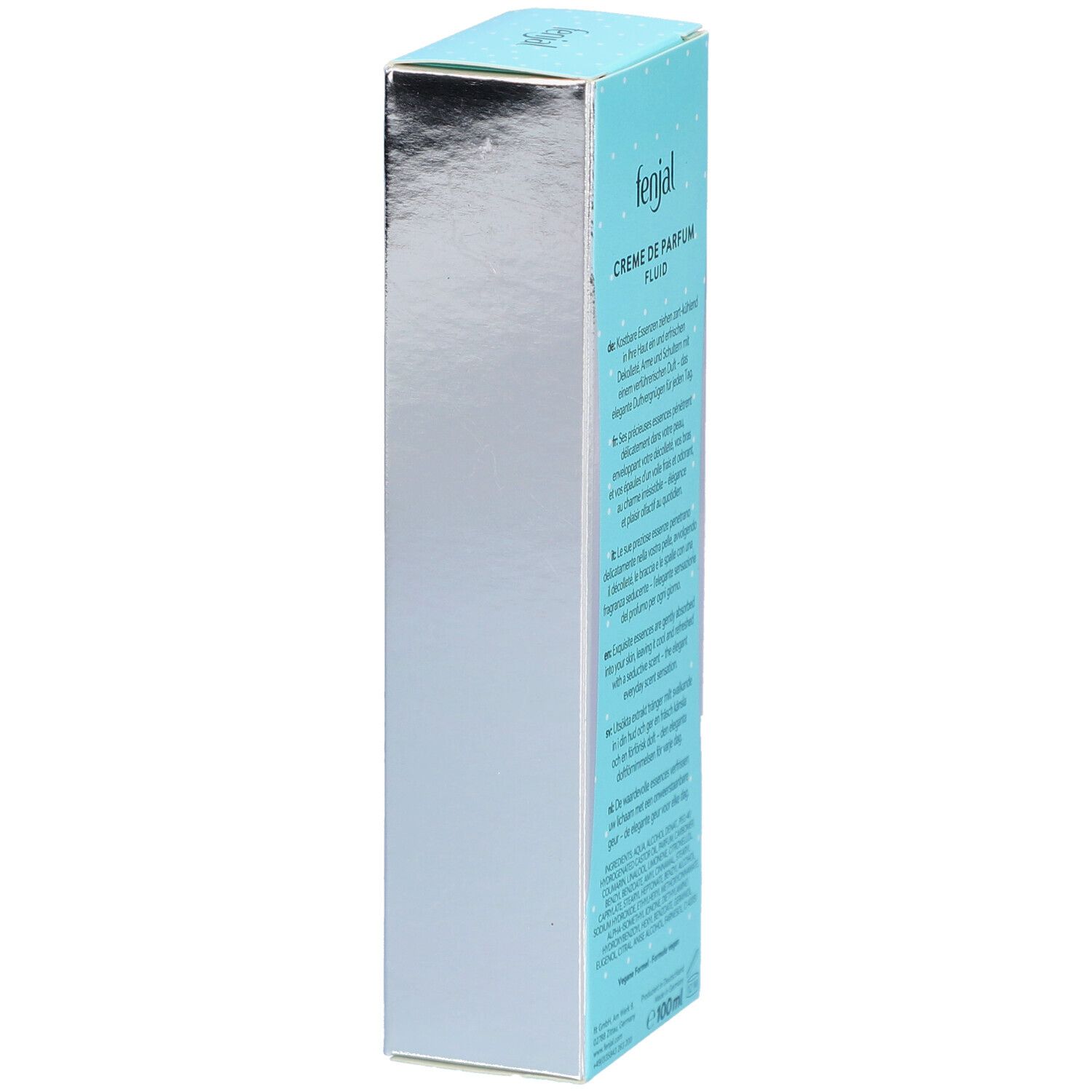 Boîte turquoise et blanche. Texte: Creme de Parfum Fluid Classic. Texte en allemand, anglais, français. En bas: 100ml.