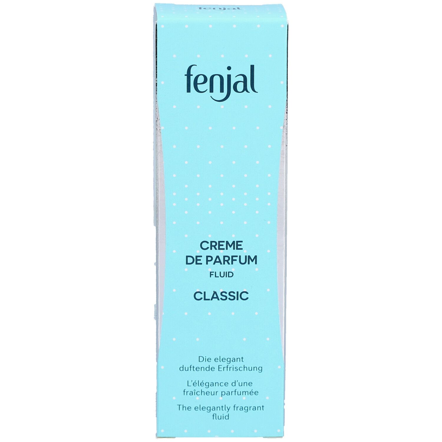 Boîte turquoise et blanche. En haut: fenjal. En dessous: Creme de Parfum Fluid Classic. Texte: L'élégance d'une fraîcheur parfumée.