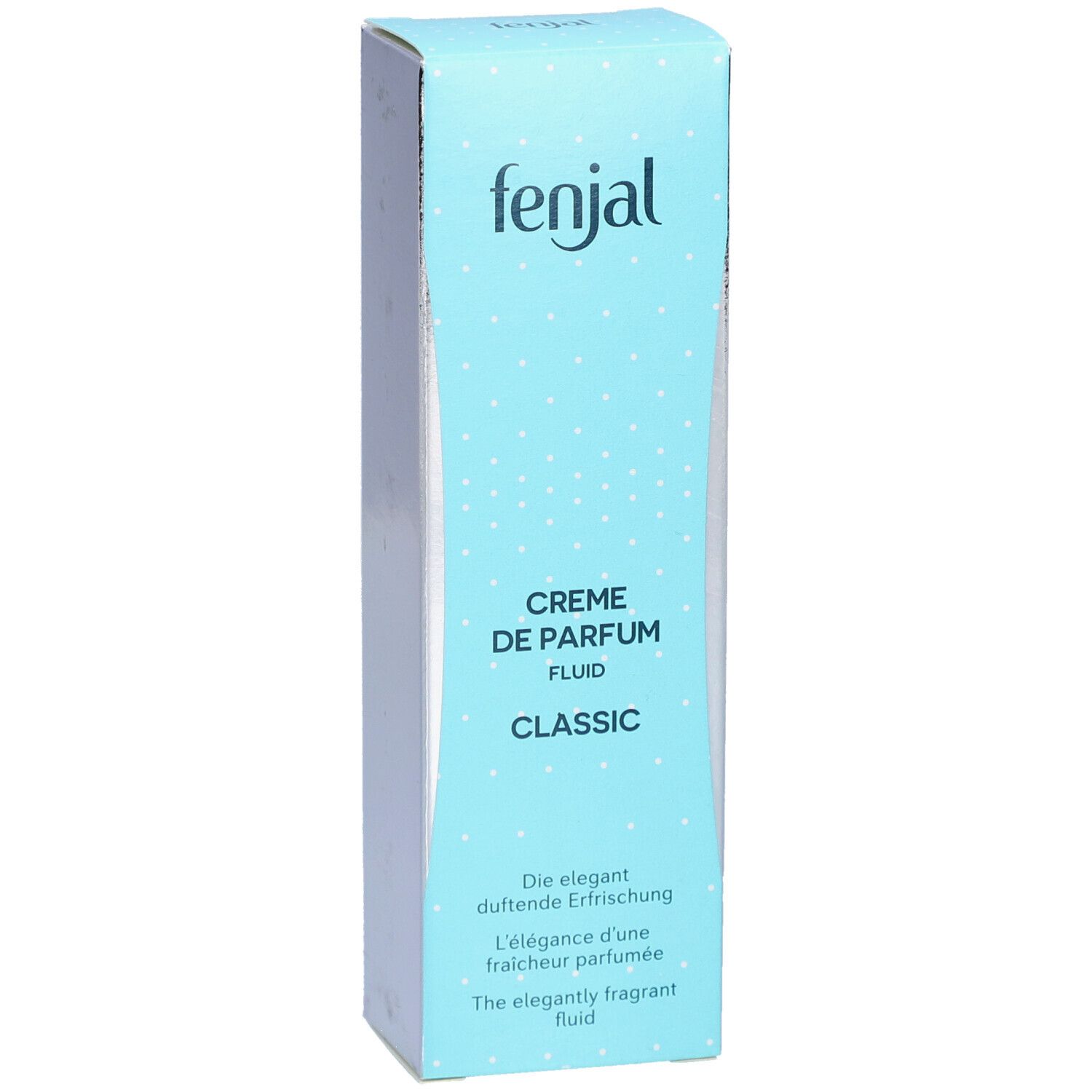 Boîte turquoise et blanche. En haut: fenjal. En dessous: Creme de Parfum Fluid Classic. Texte: L'élégance d'une fraîcheur parfumée.