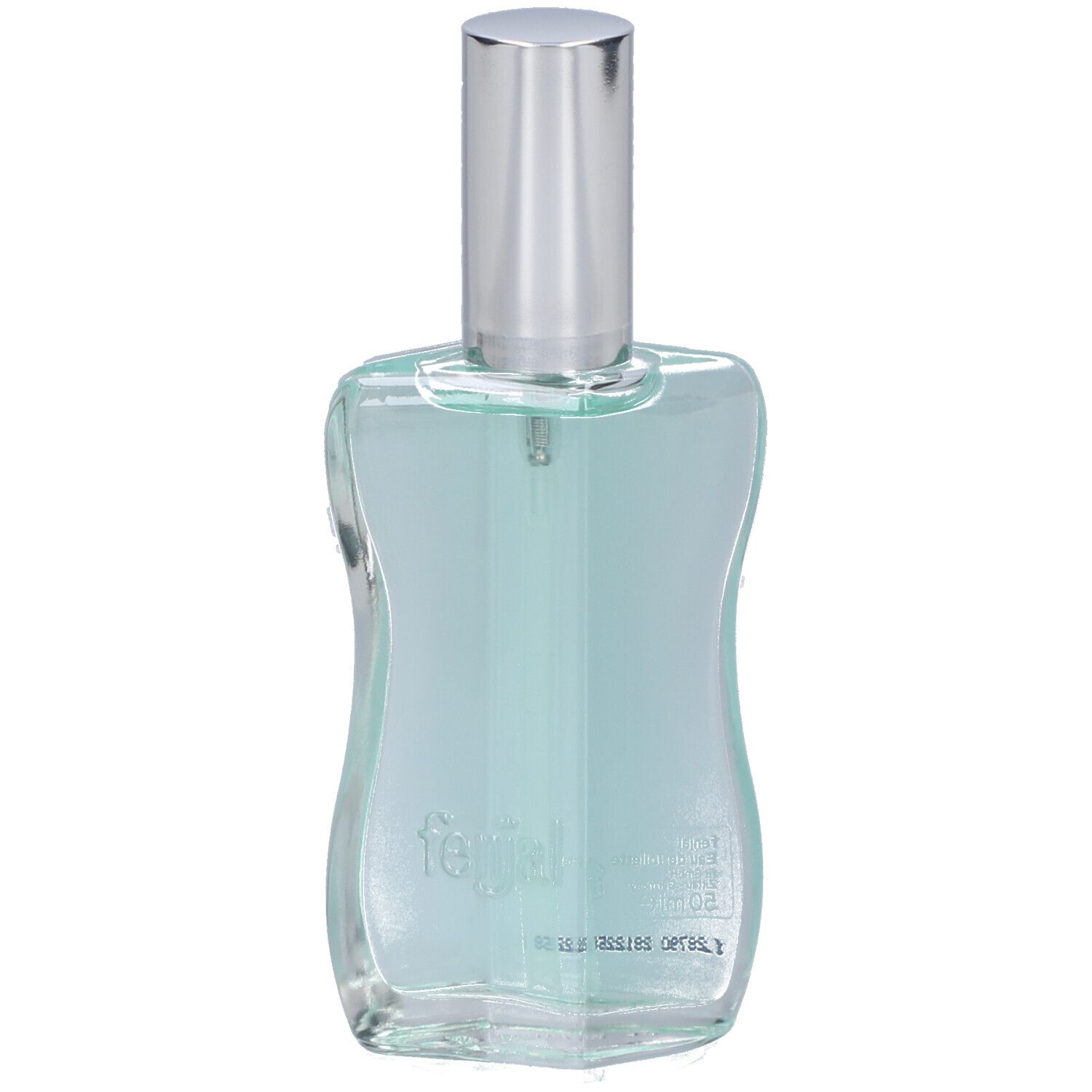 Flacon transparent avec vaporisateur argenté. Contient un liquide bleu. Le mot "fenjal" est visible sur le flacon.