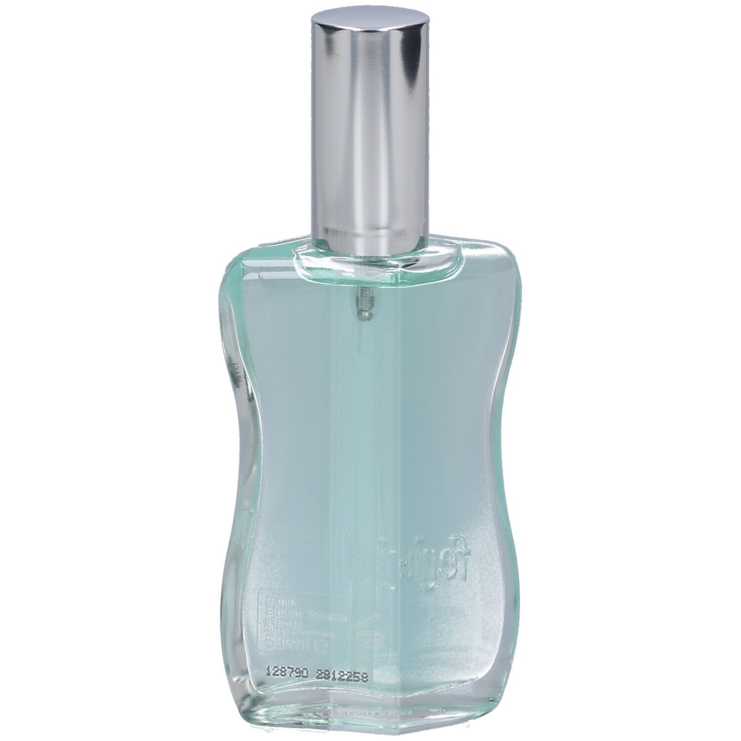 Flacon transparent avec vaporisateur argenté. Contient un liquide bleu. Le mot "fenjal" est visible sur le flacon.