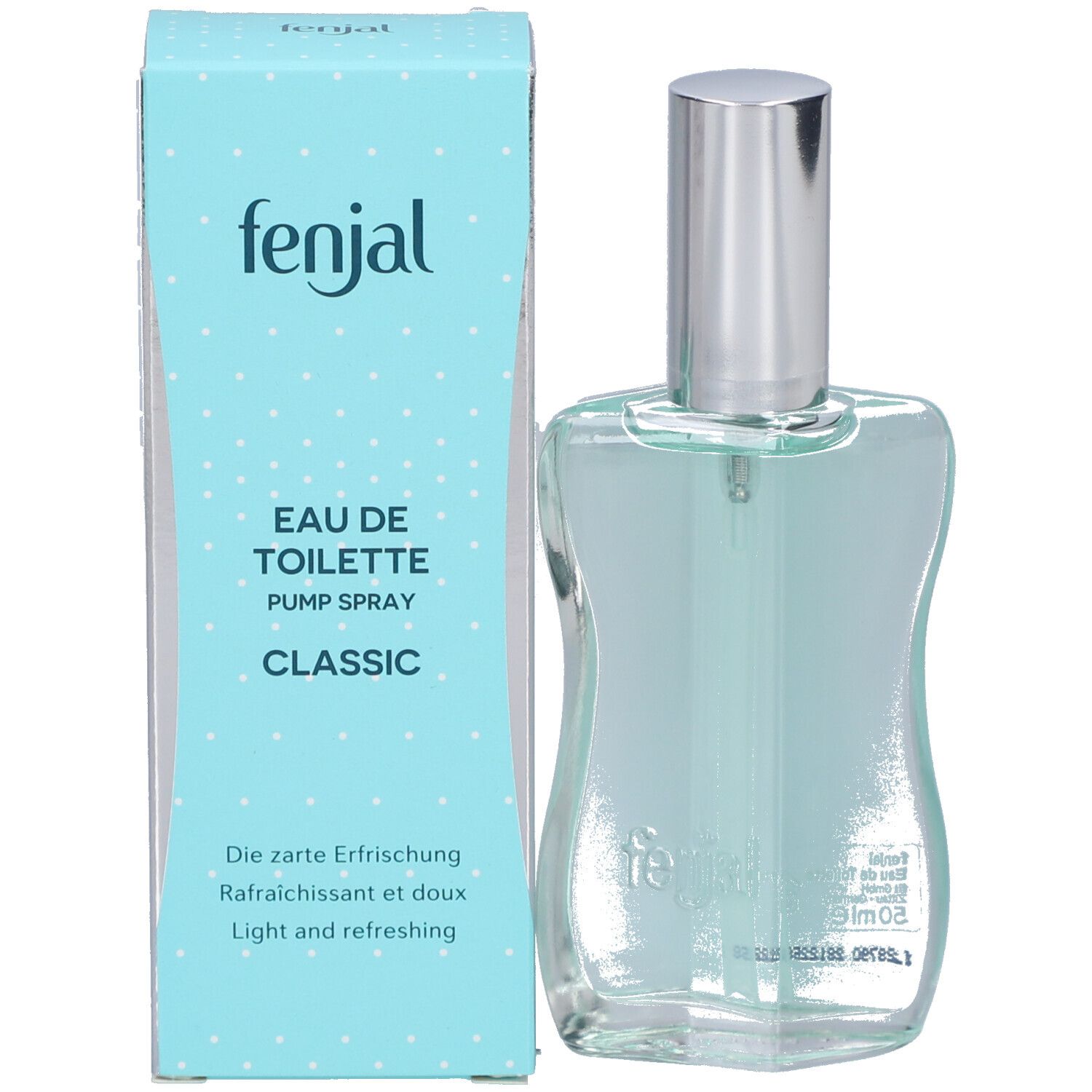 Emballage bleu et blanc avec flacon. L'emballage porte la mention "fenjal Eau de Toilette Classic". Le flacon est à côté.