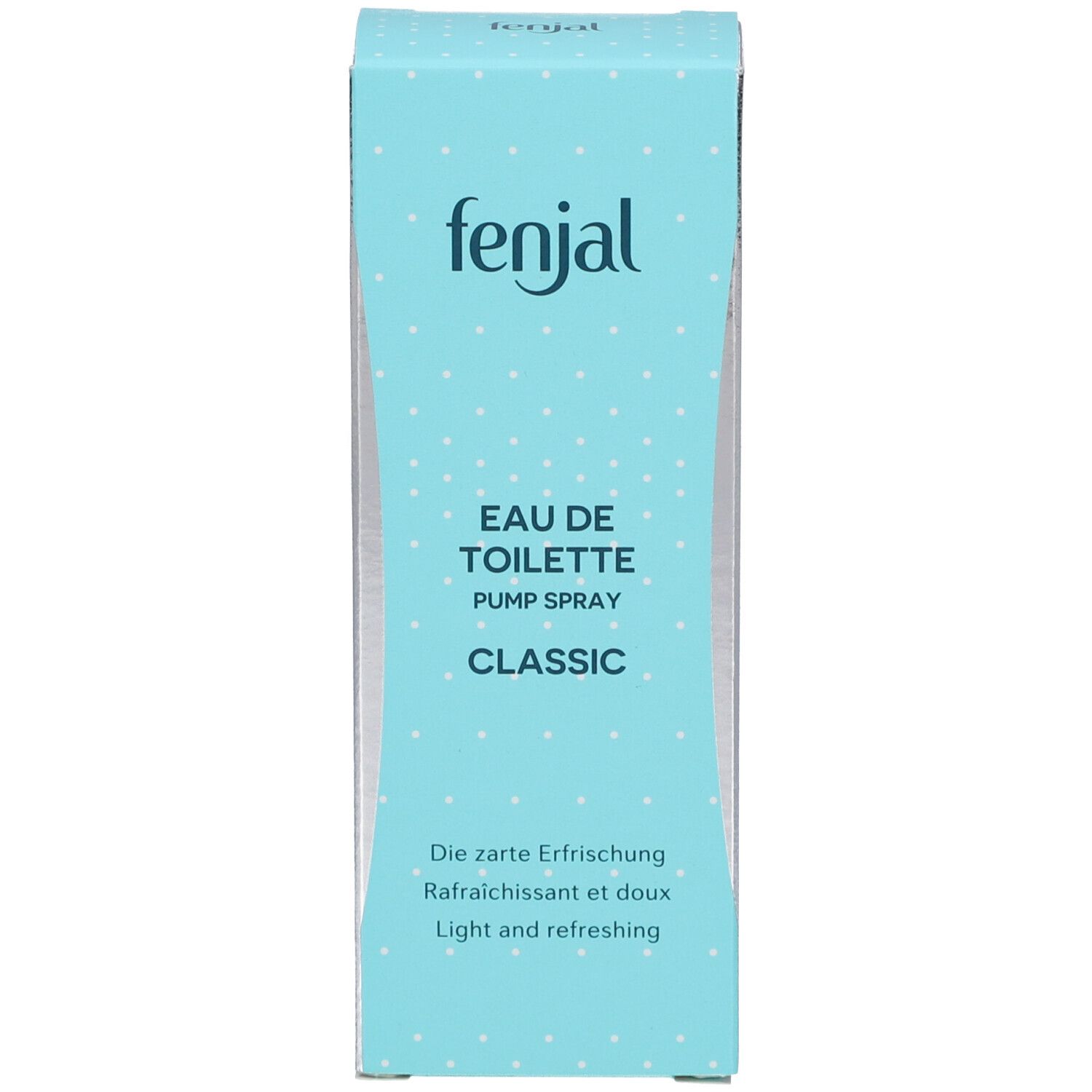 Emballage bleu avec texte blanc. L'emballage porte la mention "fenjal Eau de Toilette Classic".