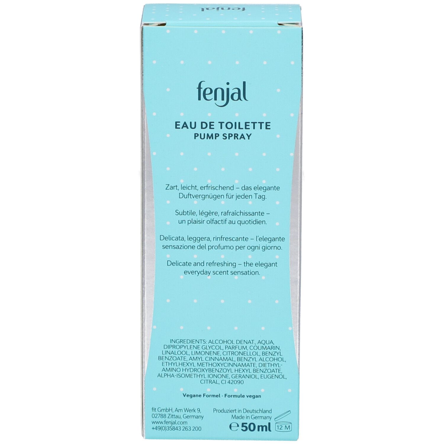 Dos de l'emballage avec texte. Contient des informations sur les ingrédients et le fabricant. "fenjal Eau de Toilette Classic".