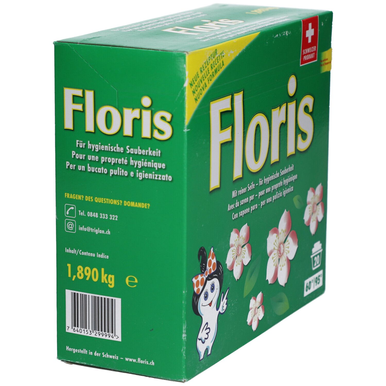 Boîte verte avec logo "Floris", texte en allemand, français, italien. Personnage de dessin animé. Poids : 1,890 kg. Produit suisse.