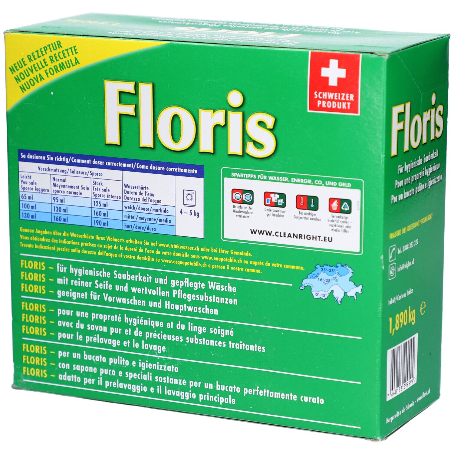 Boîte verte avec logo "Floris" et texte en allemand, français, italien. Instructions de lavage et labels de propreté. 1,890 kg.