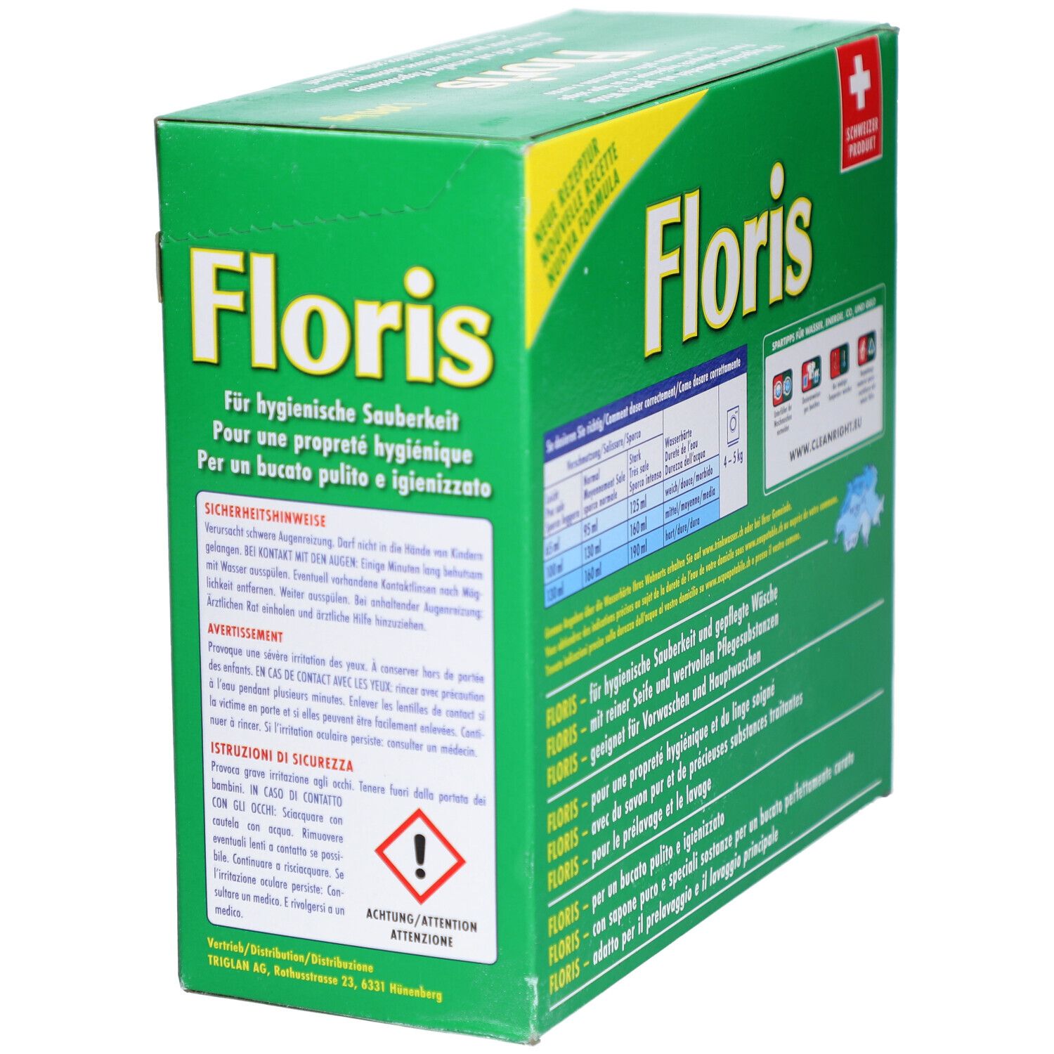 Boîte verte avec logo "Floris" et texte en allemand, français, italien. Instructions de lavage et consignes de sécurité.