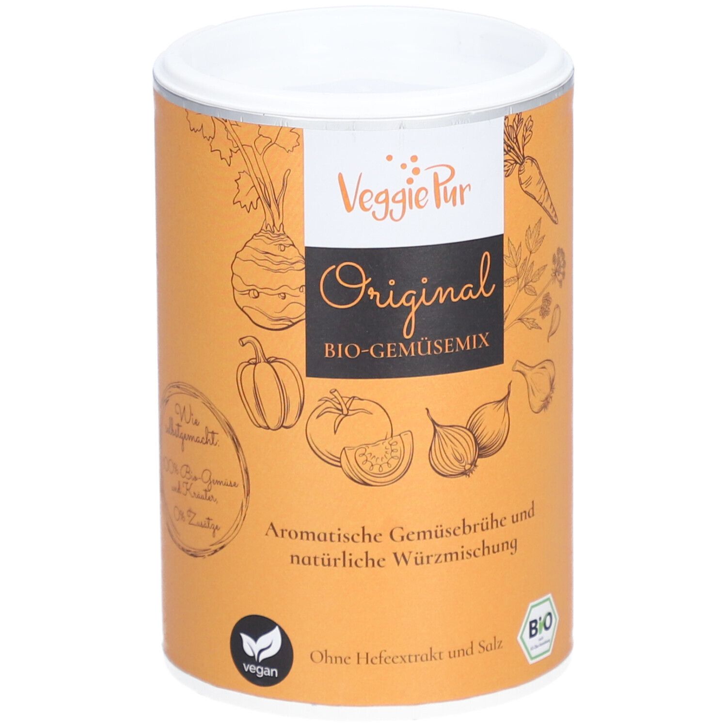 Boîte cylindrique avec couvercle. Inscription : Veggie Pur Original BIO-Gemüsemix. Illustrations de légumes. Labels vegan et bio.