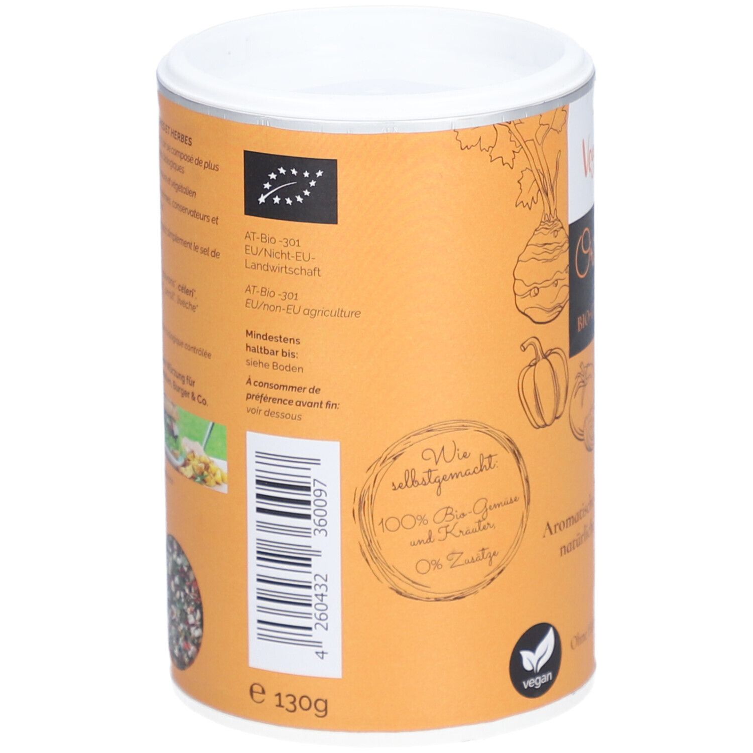 Dos de la boîte. Texte : label bio UE, date limite de consommation, code-barres. Inscription : 100% légumes et herbes bio, vegan.