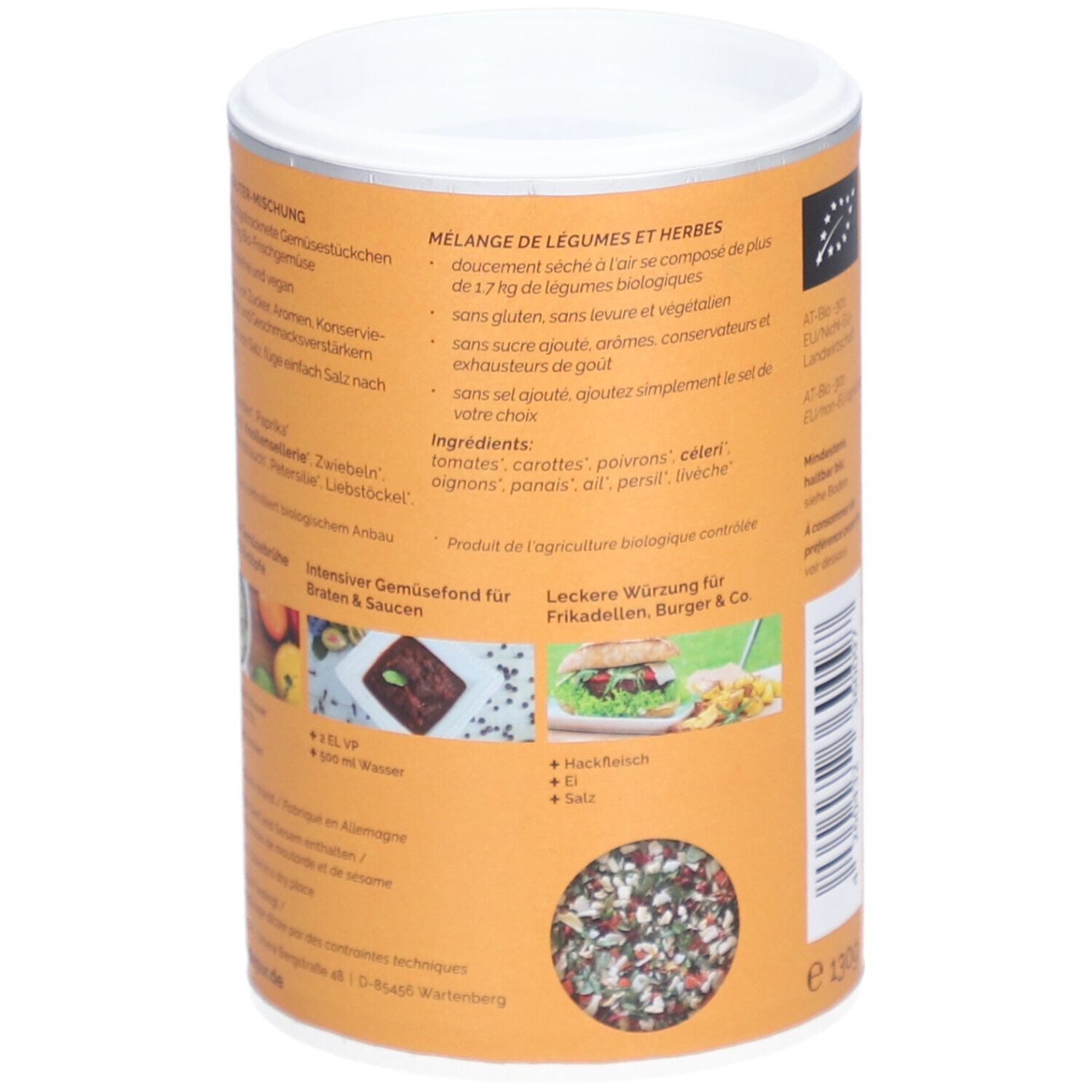 Boîte avec texte : mélange de légumes et herbes. Sans gluten, sans sucre ajouté, sans sel. Liste des ingrédients. Label bio.