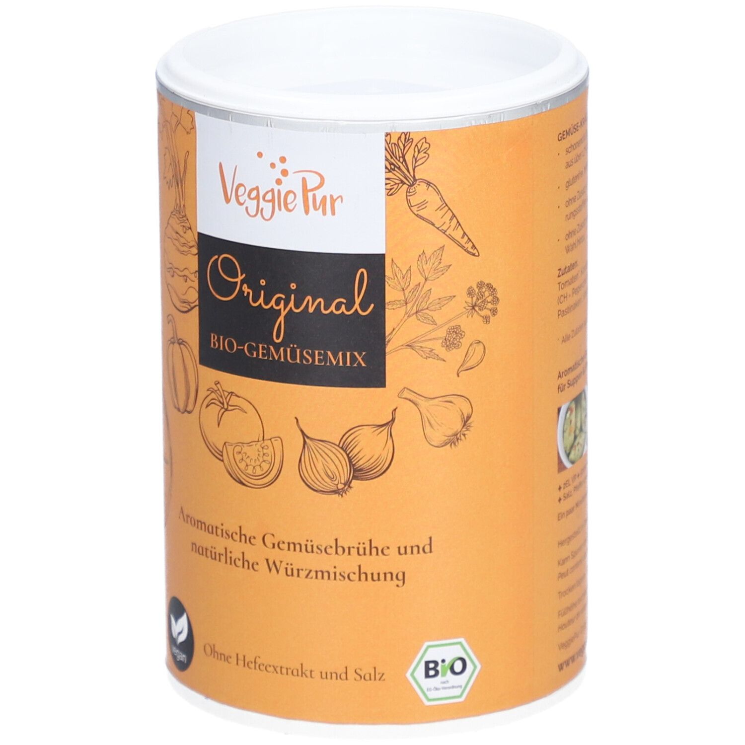 Boîte cylindrique avec couvercle. Inscription : Veggie Pur Original BIO-Gemüsemix. Illustrations de légumes. Labels vegan et bio.