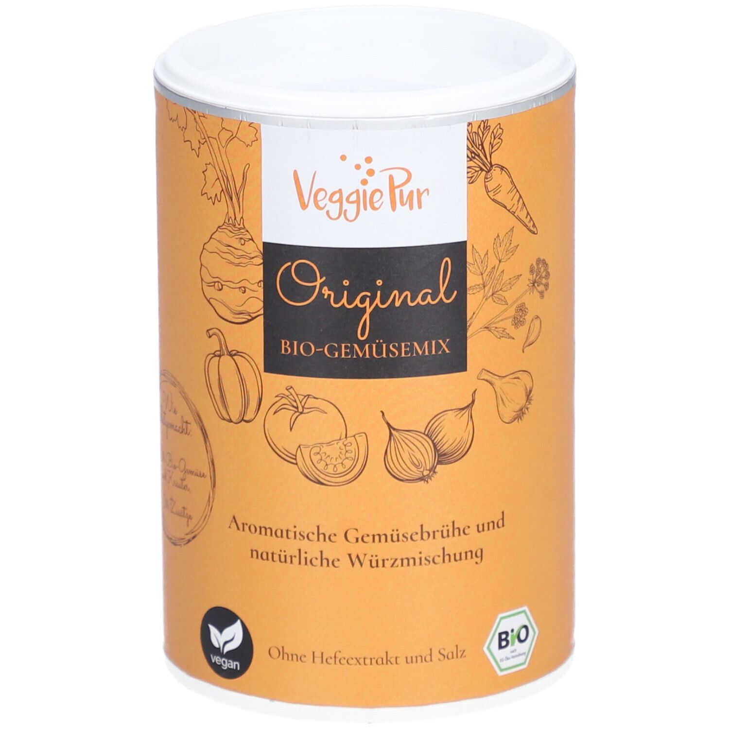 Boîte cylindrique avec couvercle. Inscription : Veggie Pur Original BIO-Gemüsemix. Illustrations de légumes. Labels vegan et bio.