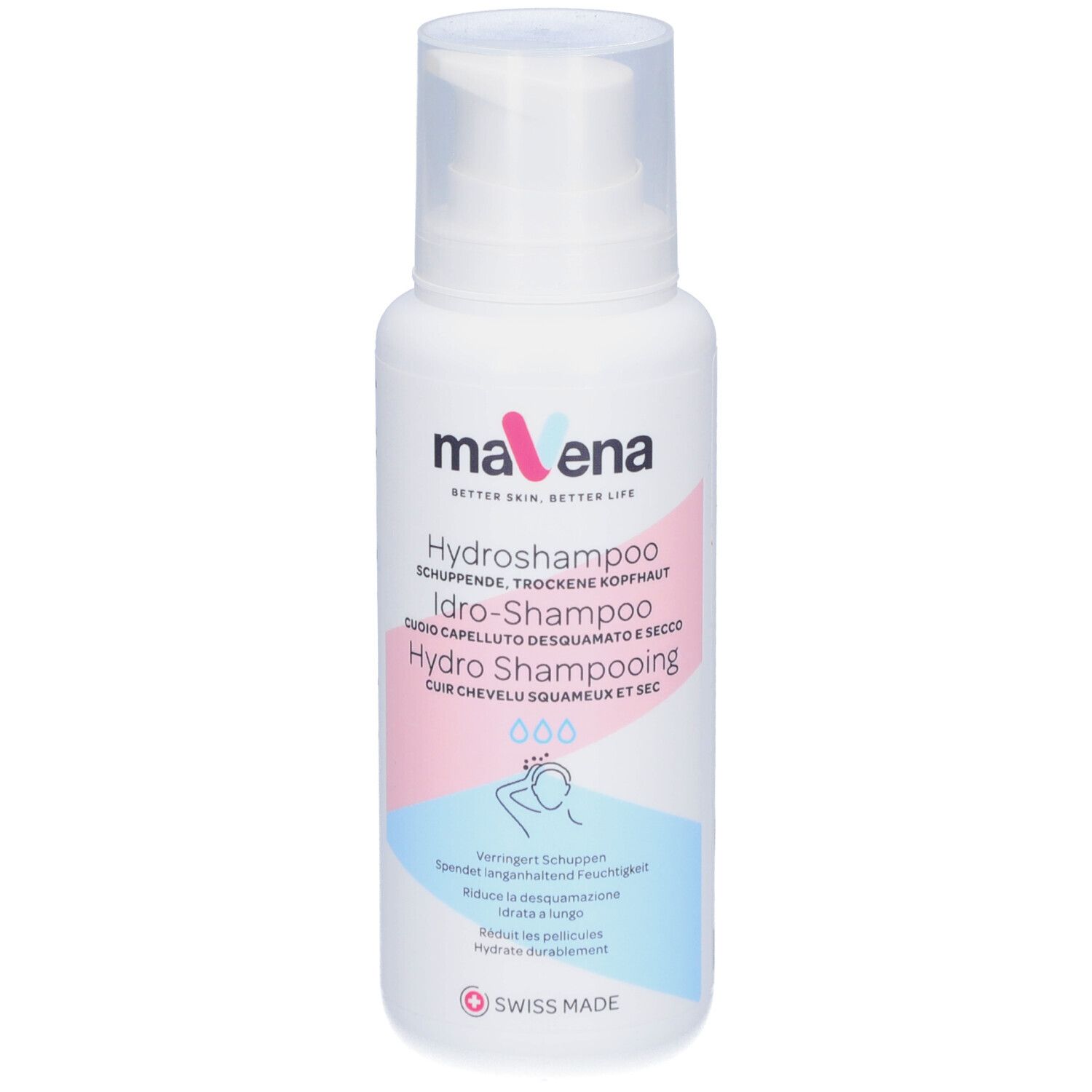 Flacon blanc avec pompe. Texte: Mavena Hydroshampoo. Pour cuir chevelu squameux et sec. Swiss Made.