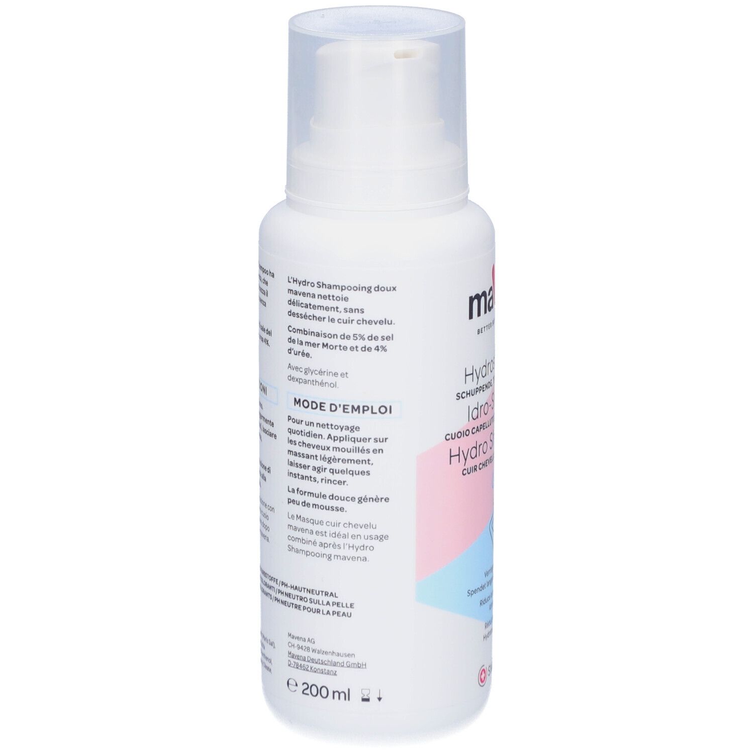 Dos du flacon blanc. Texte: Mavena Hydroshampoo. Ingrédients, mode d'emploi. Volume: 200 ml.