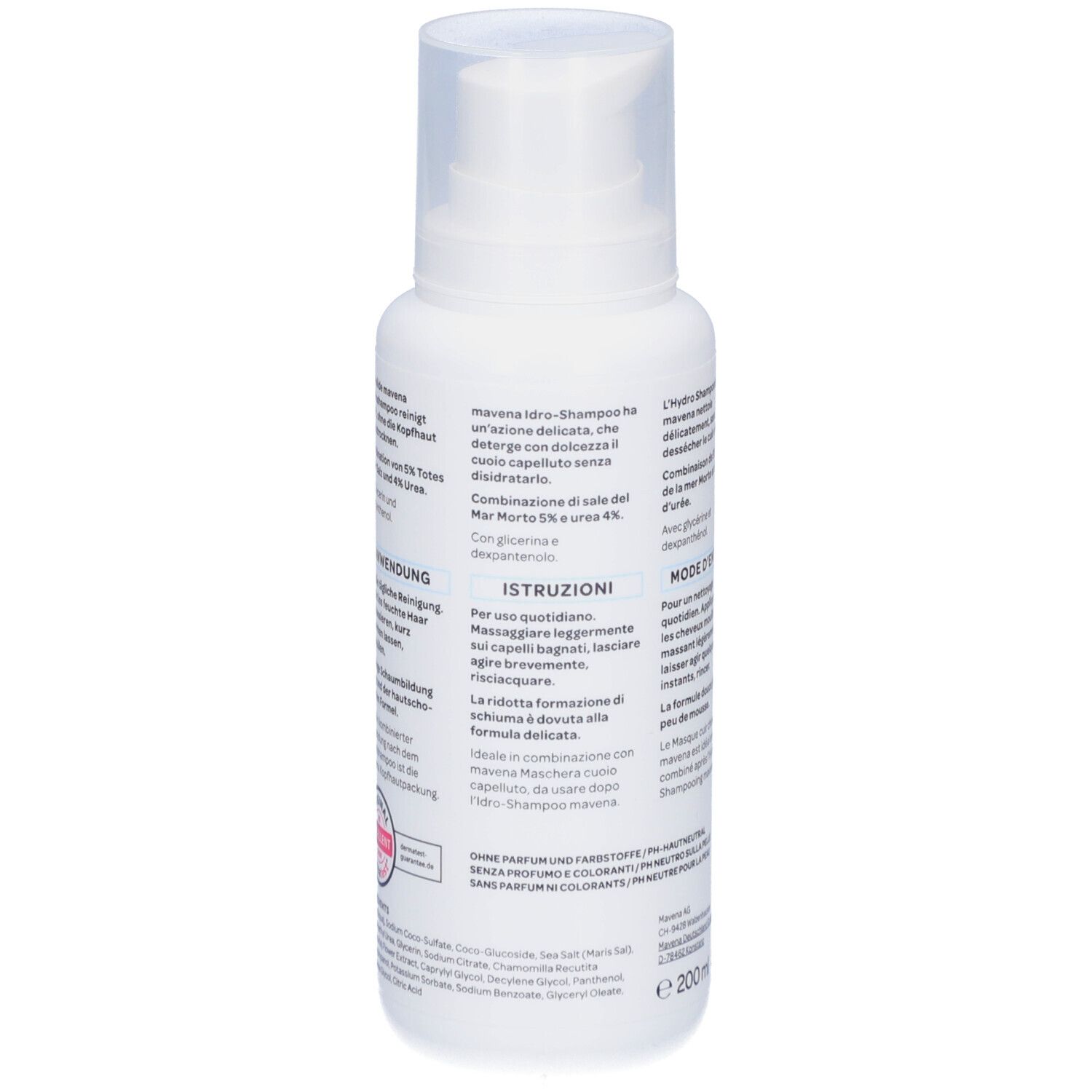 Dos du flacon blanc. Texte: Mavena Hydroshampoo. Ingrédients, mode d'emploi. Volume: 200 ml.