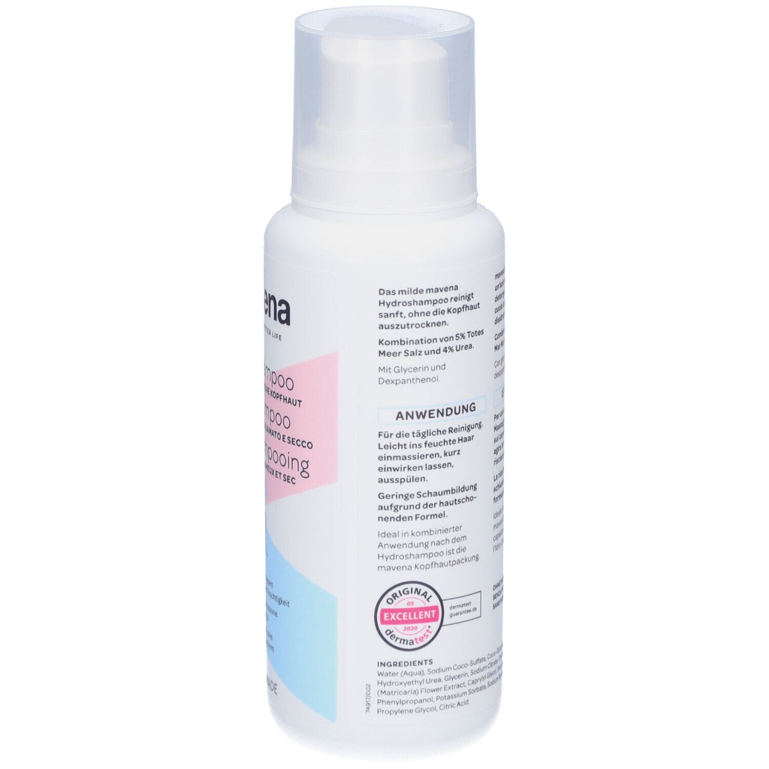 Dos du flacon blanc. Texte: Mavena Hydroshampoo. Mode d'emploi. Label de qualité.