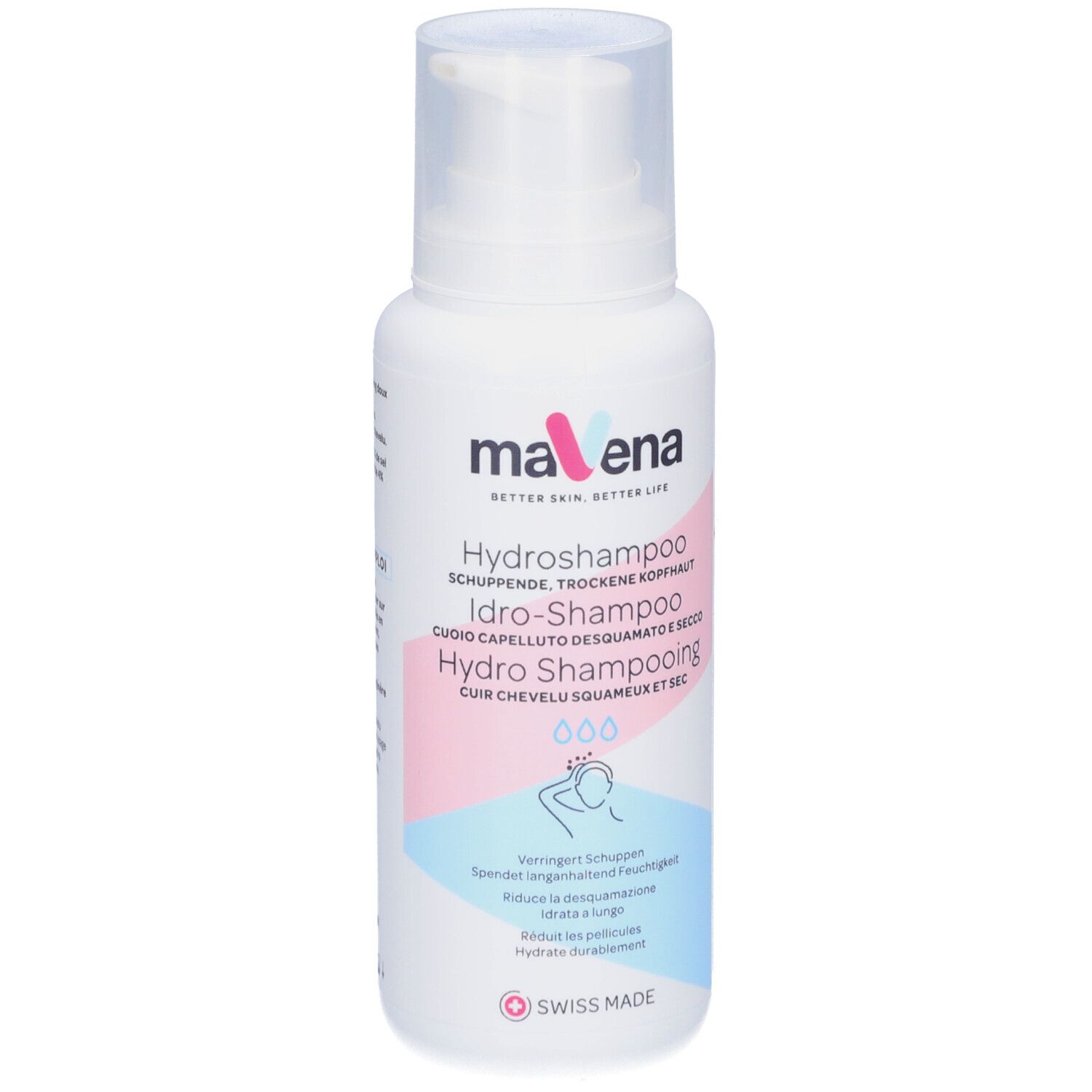 Flacon blanc avec pompe. Texte: Mavena Hydroshampoo. Pour cuir chevelu squameux et sec. Swiss Made.