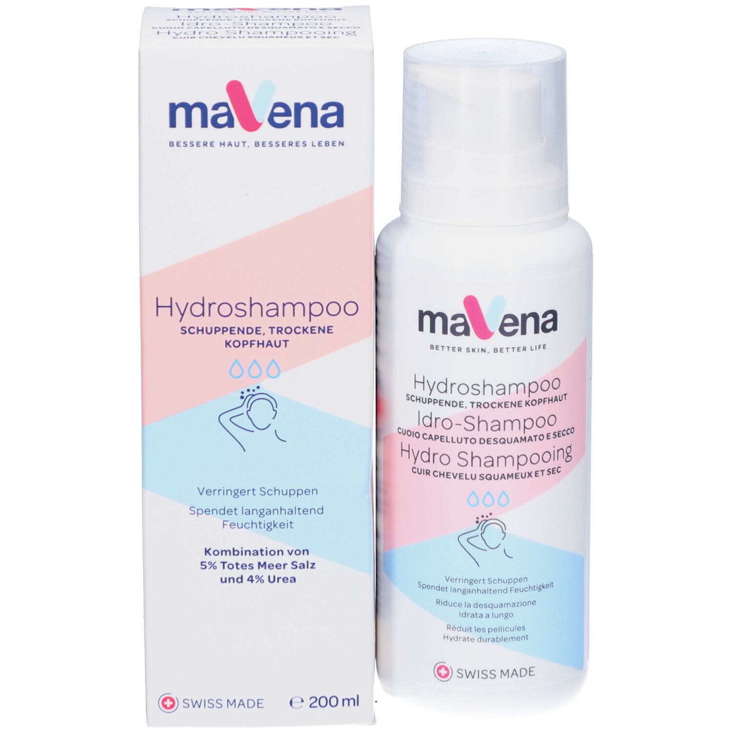 Emballage et flacon. Texte: Mavena Hydroshampoo. Pour cuir chevelu squameux et sec. Volume: 200 ml.