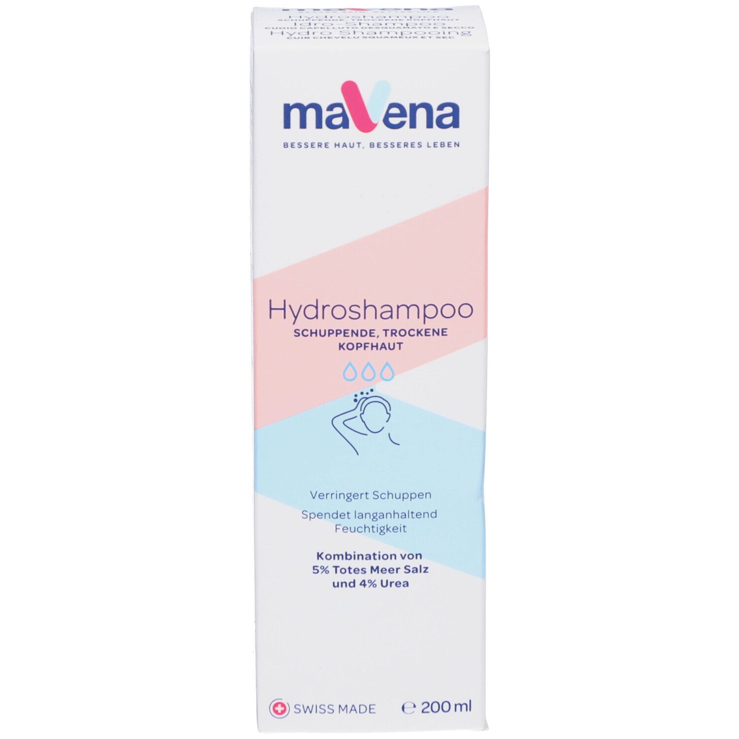 Emballage du produit. Texte: Mavena Hydroshampoo. Pour cuir chevelu squameux et sec. Volume: 200 ml.