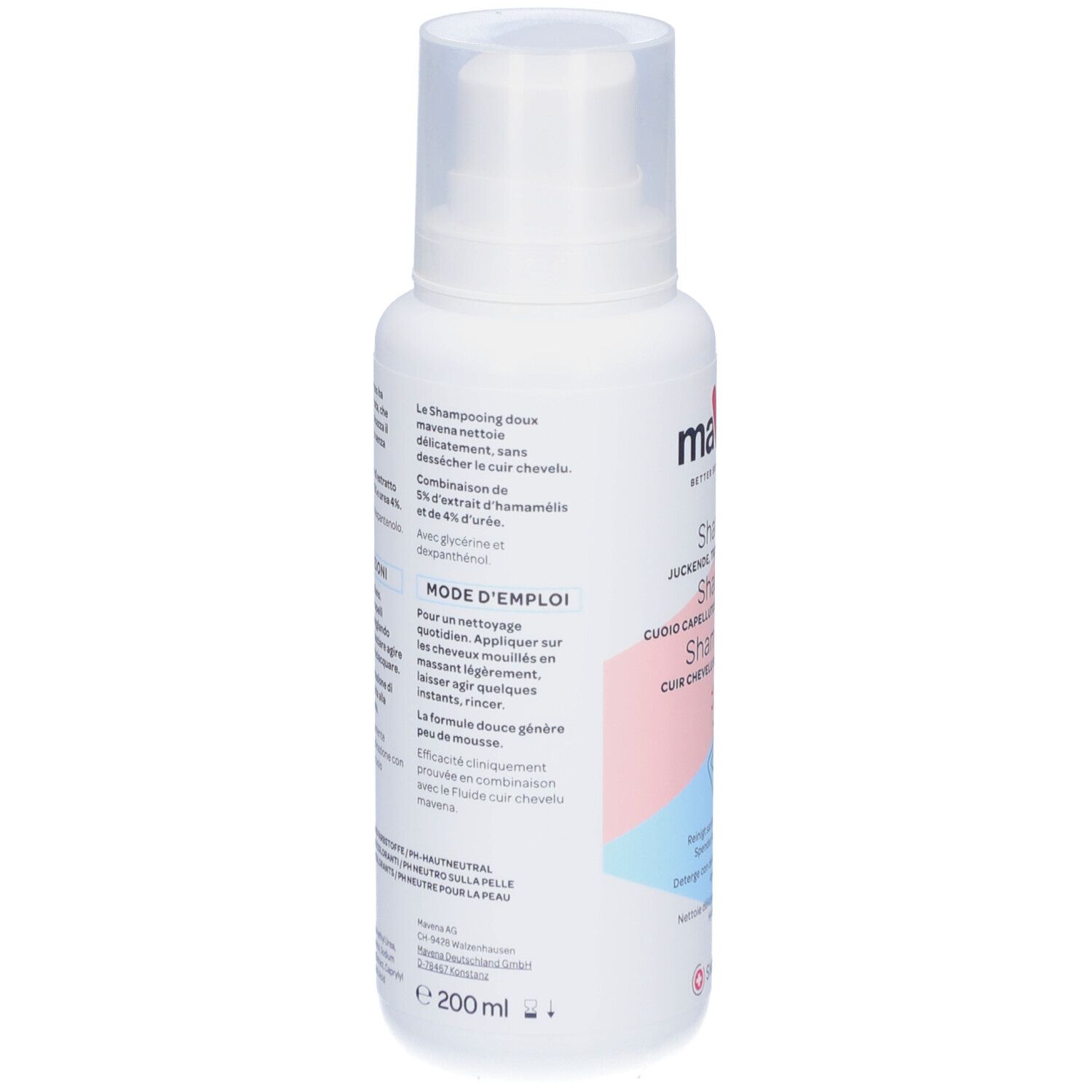 Dos du flacon blanc avec pompe. Texte multilingue. Contient des instructions et des ingrédients. Volume: 200 ml.