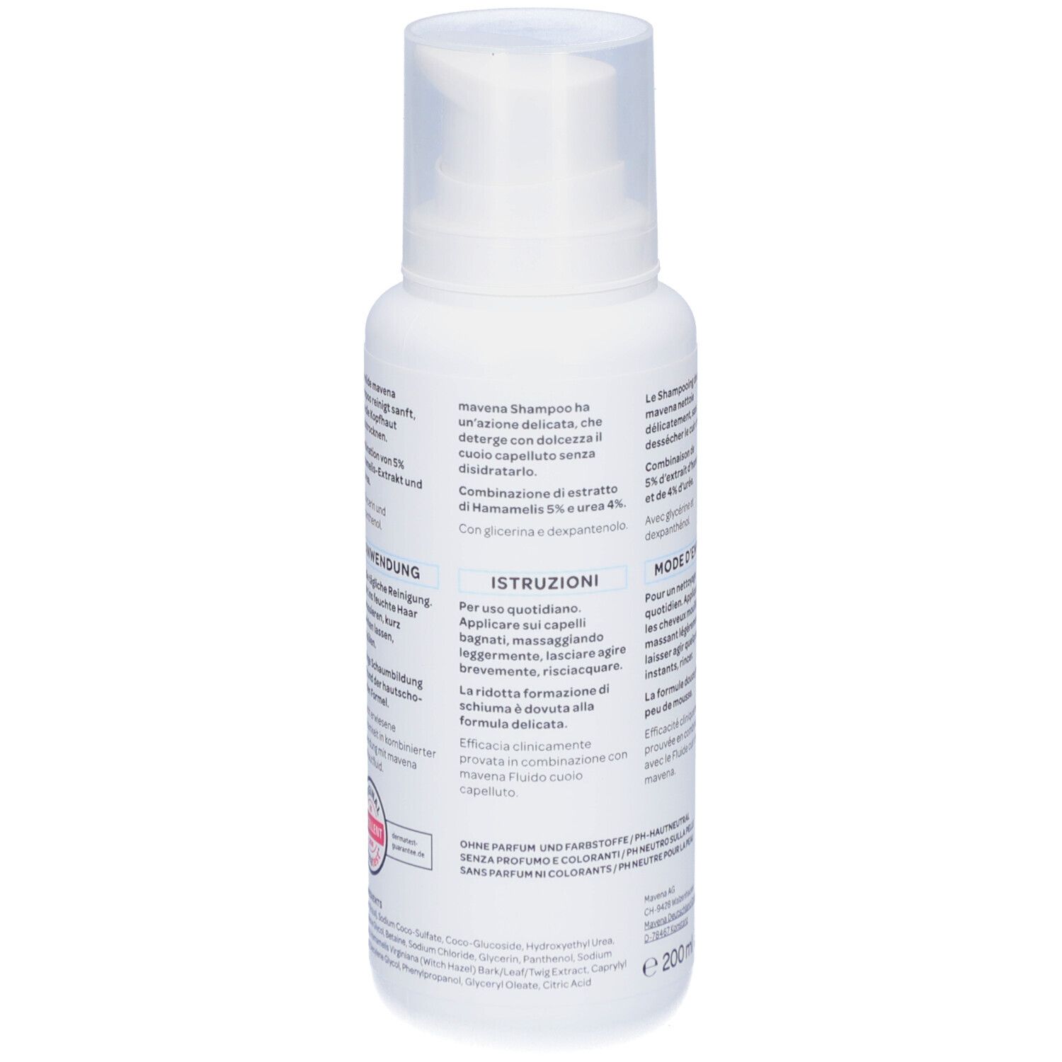 Dos du flacon blanc avec pompe. Texte multilingue. Contient des instructions et des ingrédients. Volume: 200 ml.