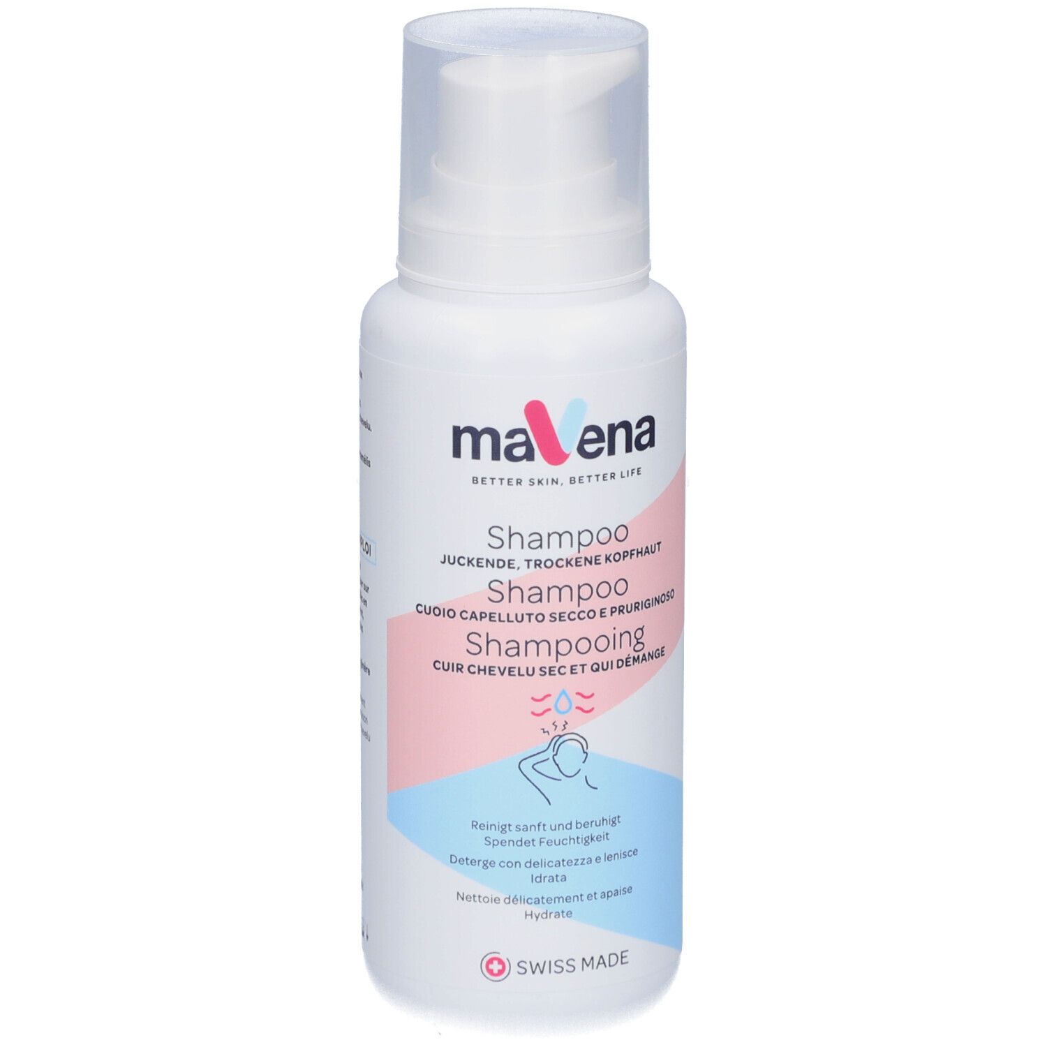 Flacon blanc avec pompe. Inscription: Mavena Shampoo. Texte en allemand, italien, néerlandais et français. Swiss Made.