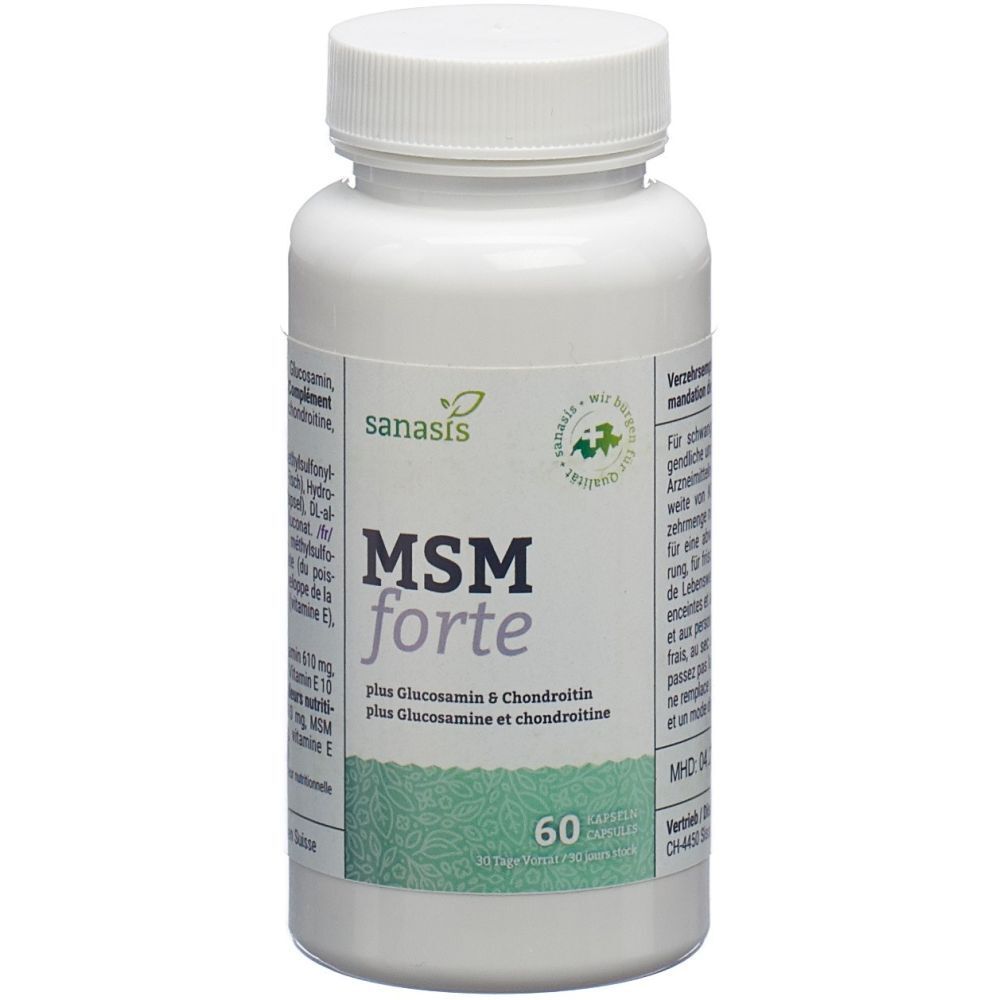 Flacon blanc de capsules avec étiquette verte indiquant 'MSM forte' et 'plus Glucosamine & Chondroïtine'. Contient 60 capsules.