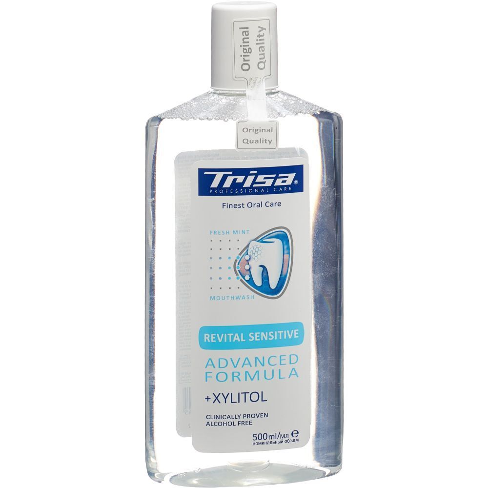 Bain de bouche TRISA Revital sensitive, liquide transparent en flacon avec bouchon blanc. Étiquette avec informations produit.