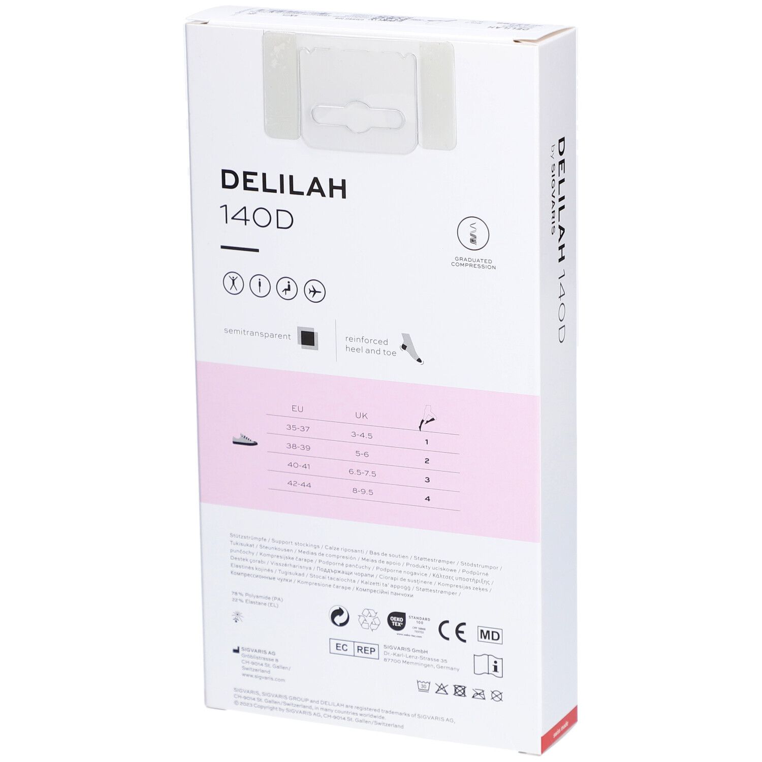 Emballage pour collants DELILAH 140D avec guide des tailles et symboles pour talon et pointe renforcés.