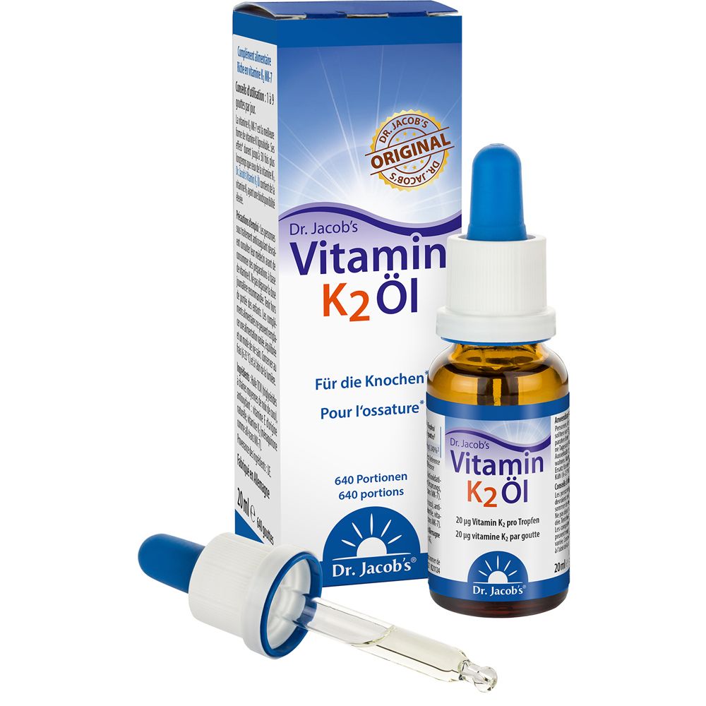 Flacon et emballage. Flacon avec compte-gouttes bleu. Emballage avec inscription : Vitamin K2 Öl. 640 portions.