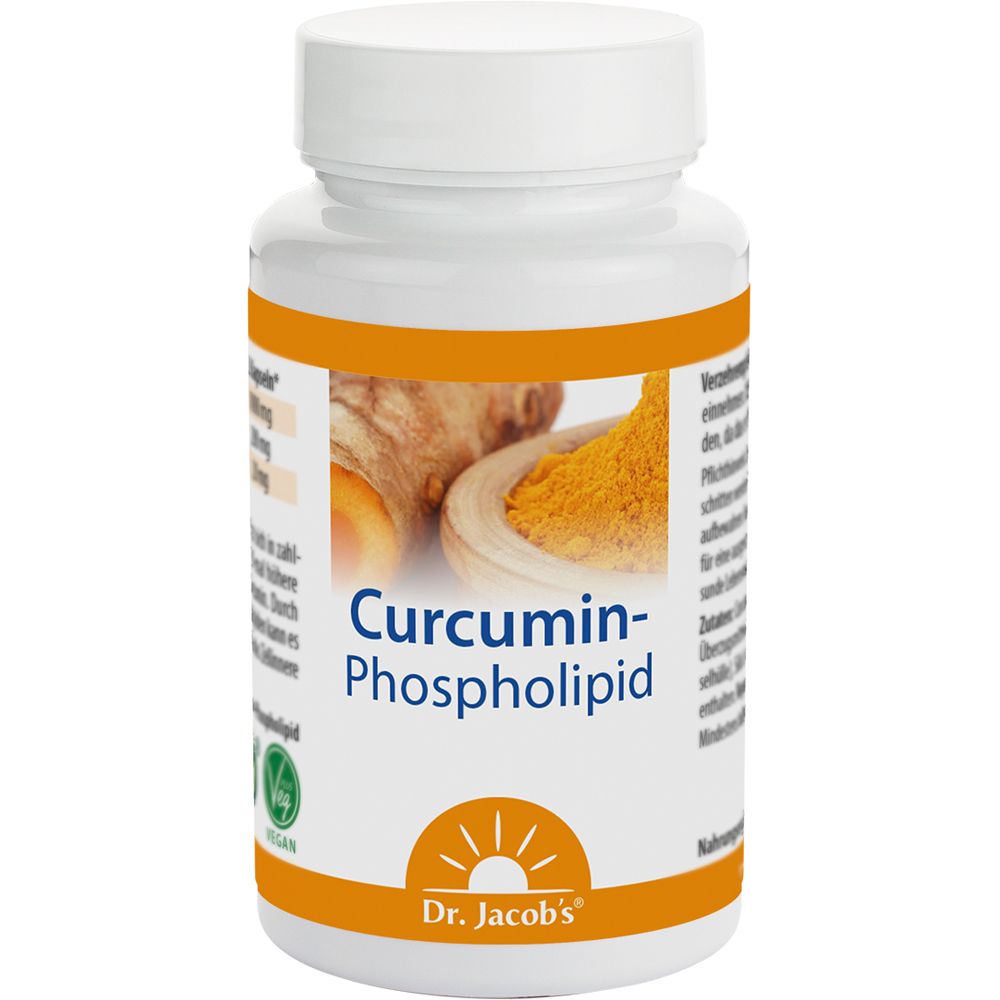 Flacon blanc avec étiquette orange. Inscription : Curcumine-Phospholipide. Logo : Dr. Jacob's.